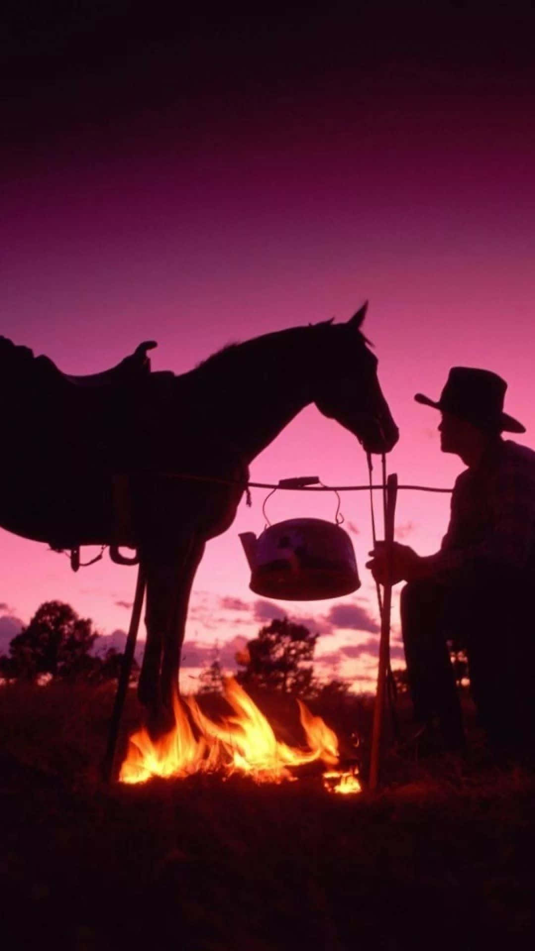 Western Cowboy, iPhone, vibrant pink sunset, Full HD Phone Wallpaper