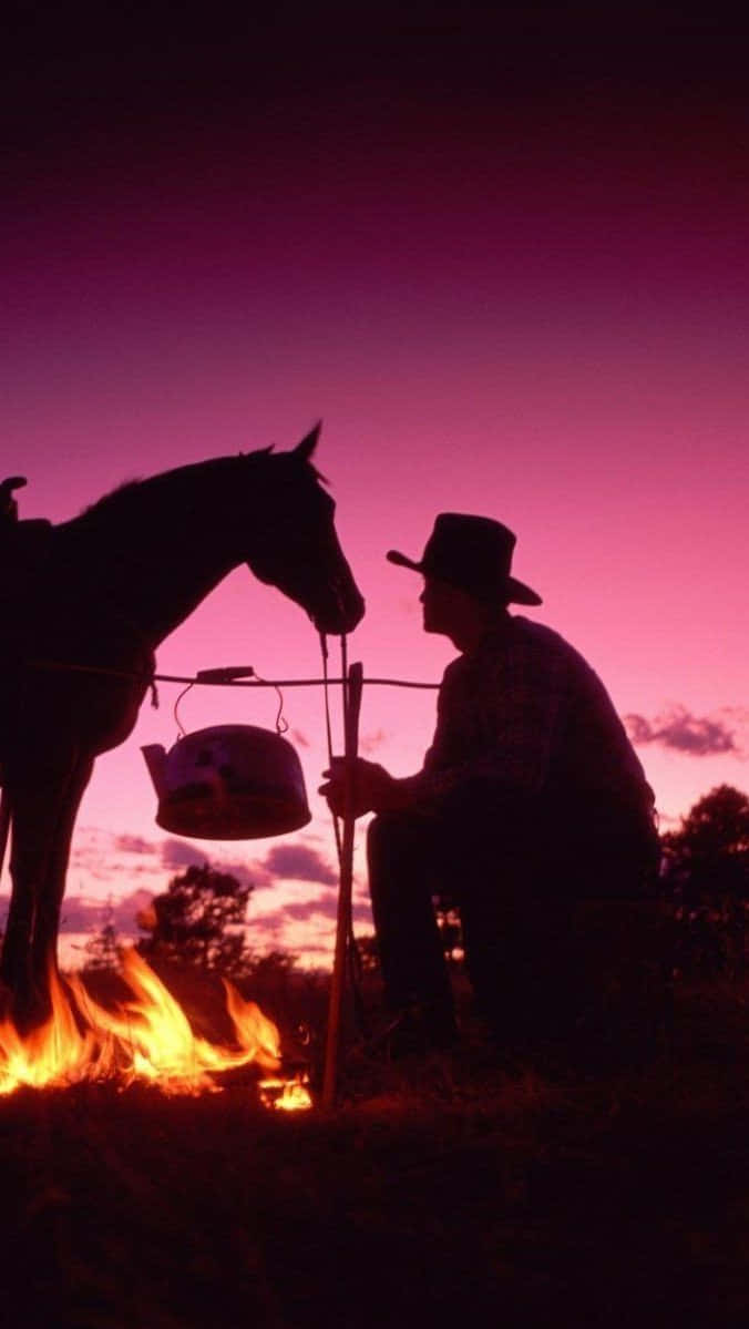 cowboy, horse, campfire, SD Phone Wallpaper