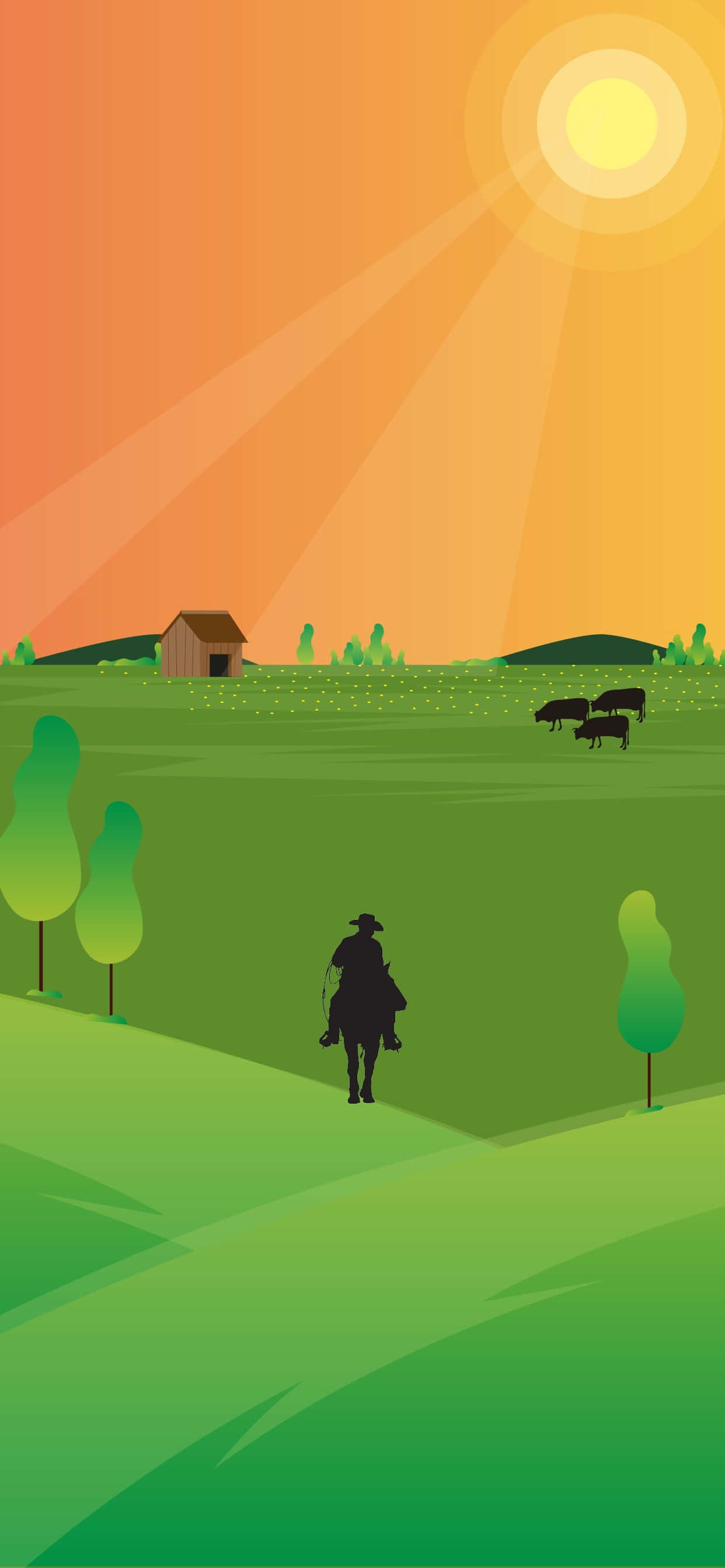 cowboy, horse, vibrant green field, 2K Phone Wallpaper