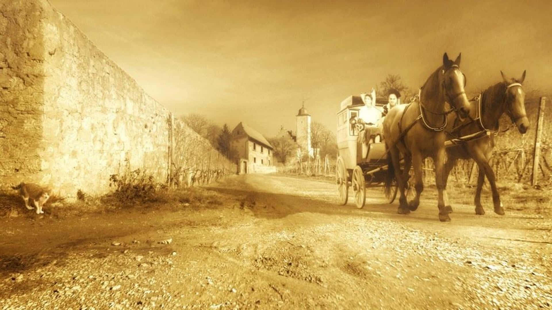 sepia-toned, horse-drawn carriage, dusty rural road, Full HD Desktop Wallpaper