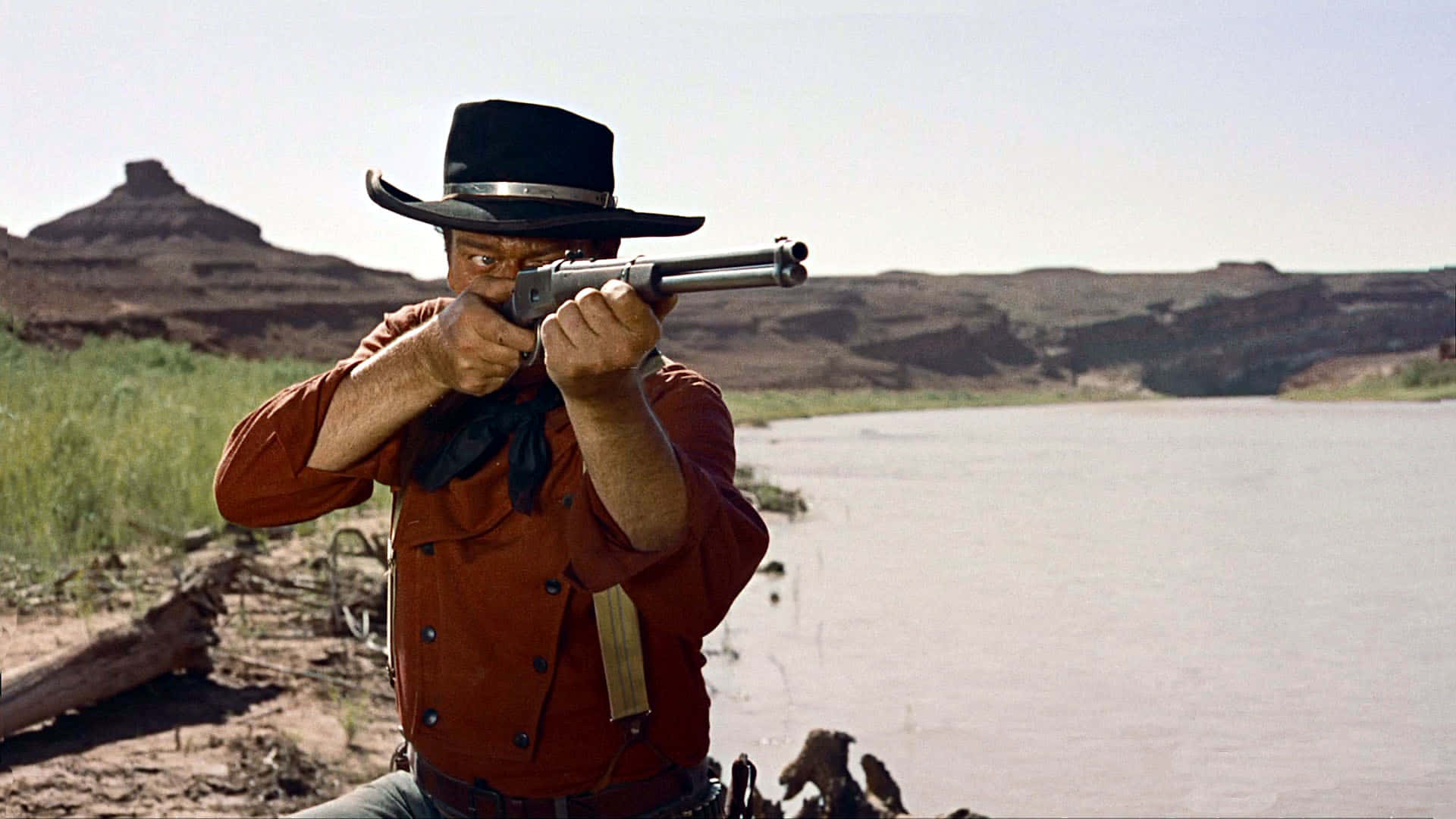 cowboy, red shirt, black hat, Full HD Desktop Wallpaper