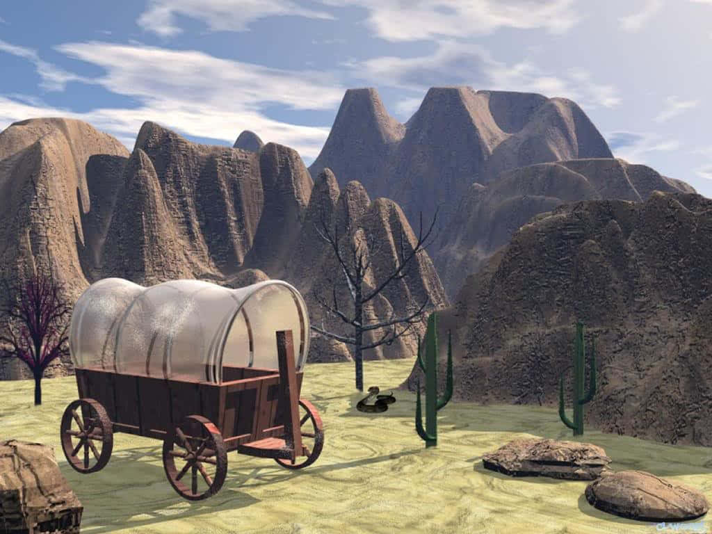 covered wagon, desert valley, jagged mountains, SD Desktop Wallpaper