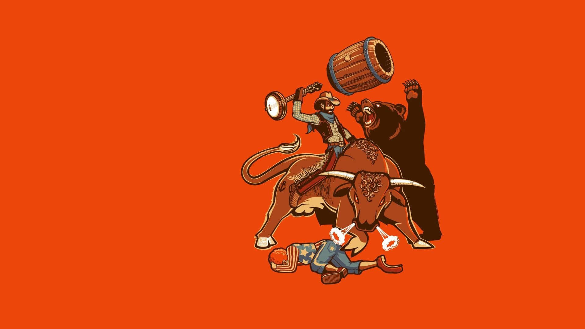 Western Desktop, cartoon cowboy, charging bull, Full HD Desktop Wallpaper