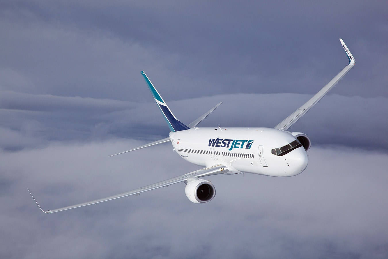 WestJet, airplane, dense gray clouds, HD Desktop Wallpaper