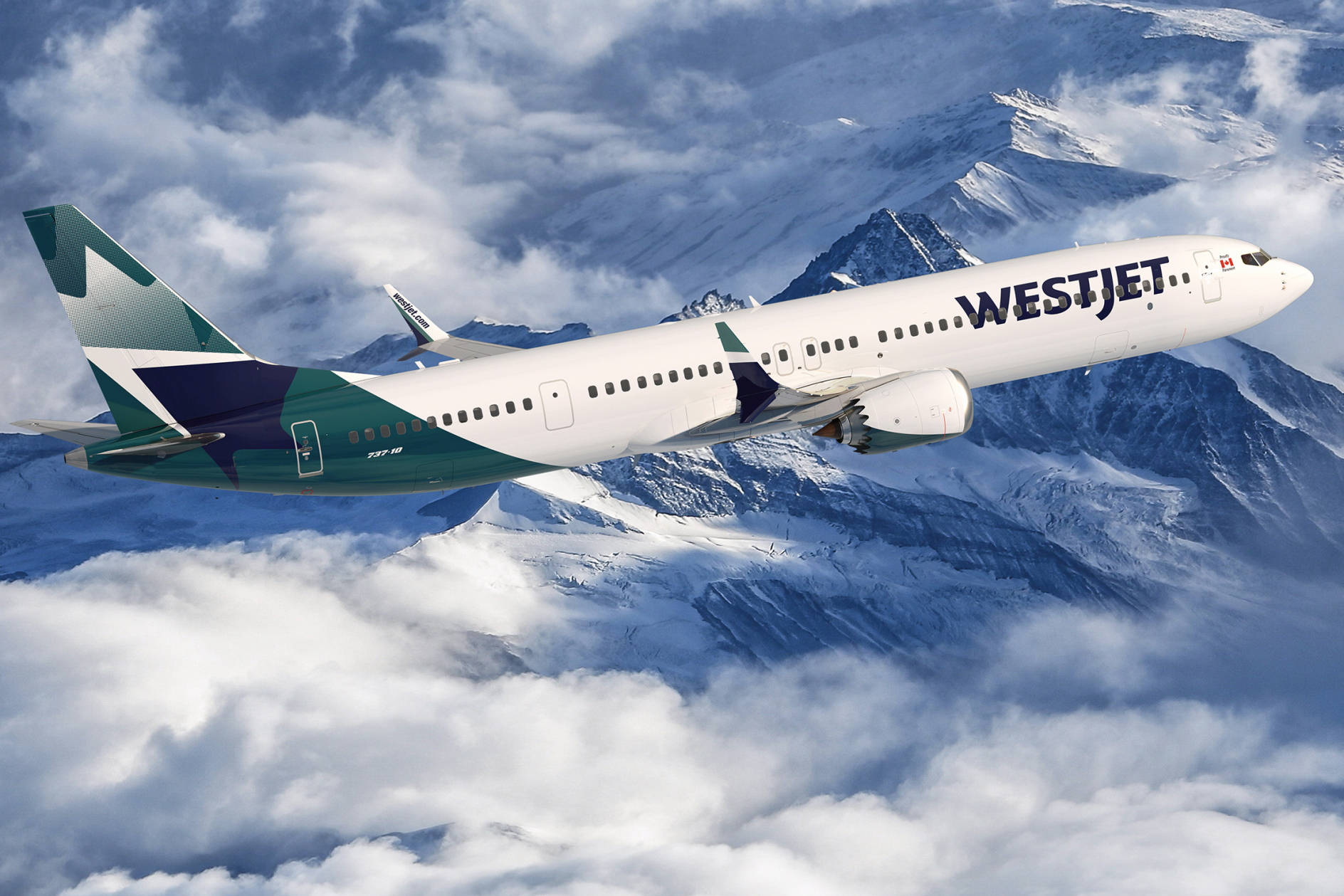 WestJet, snowcapped mountains, fluffy clouds, HD Desktop Wallpaper