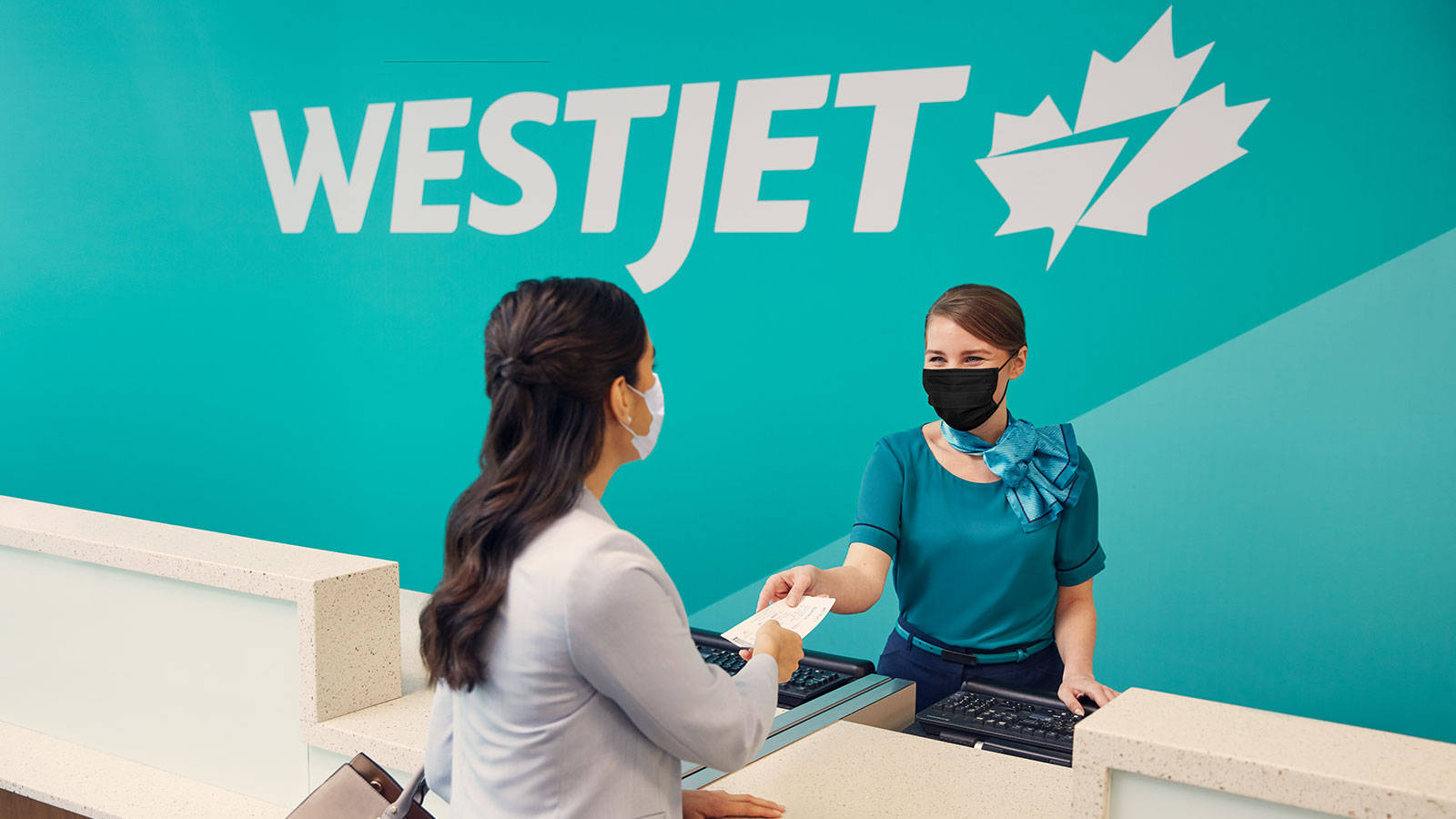 WestJet, airline receptionist, check-in counter, HD Desktop Wallpaper