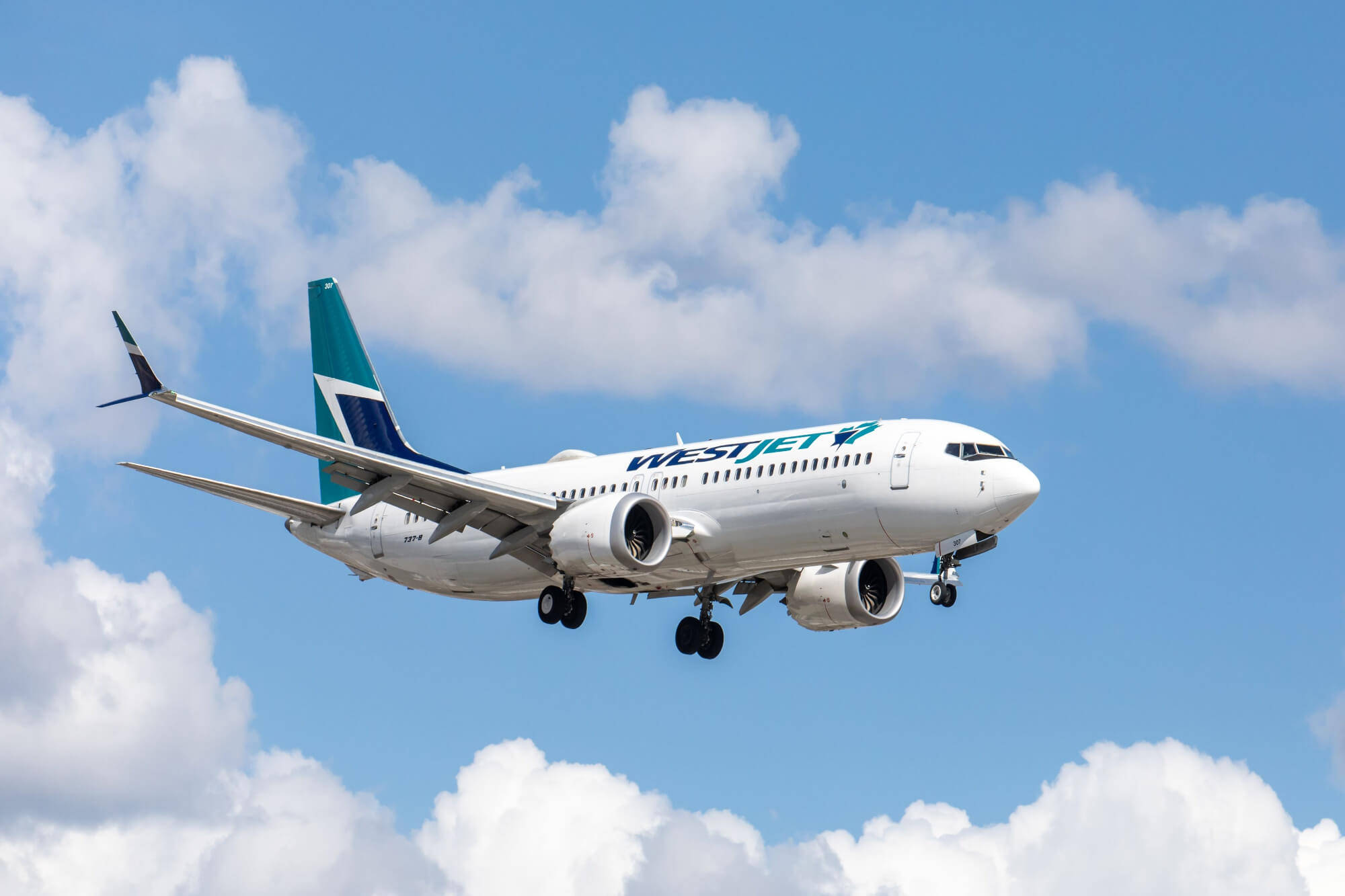 WestJet, airplane, fluffy white clouds, Full HD Desktop Wallpaper
