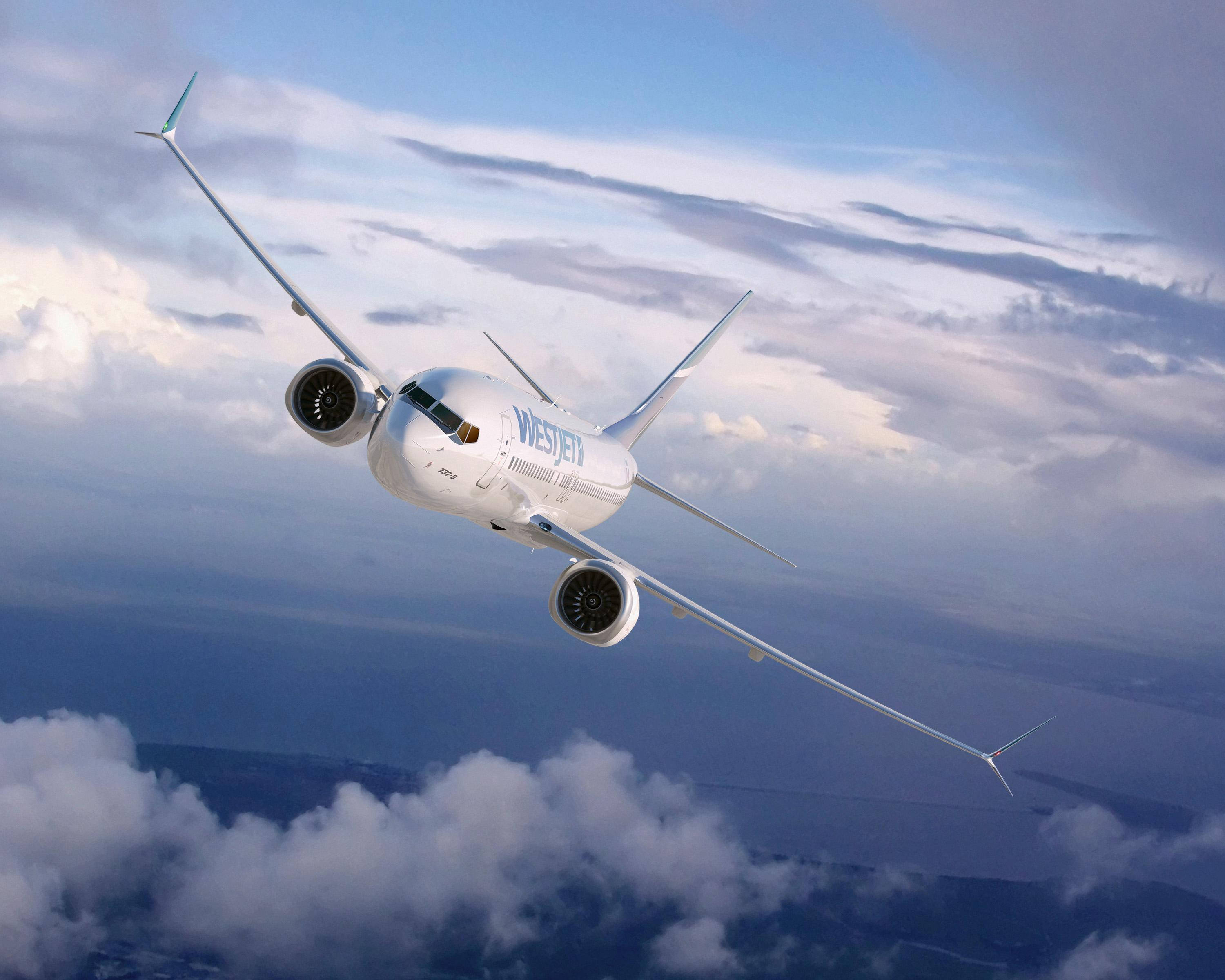 WestJet, airplane, fluffy white clouds, 2K Desktop Wallpaper