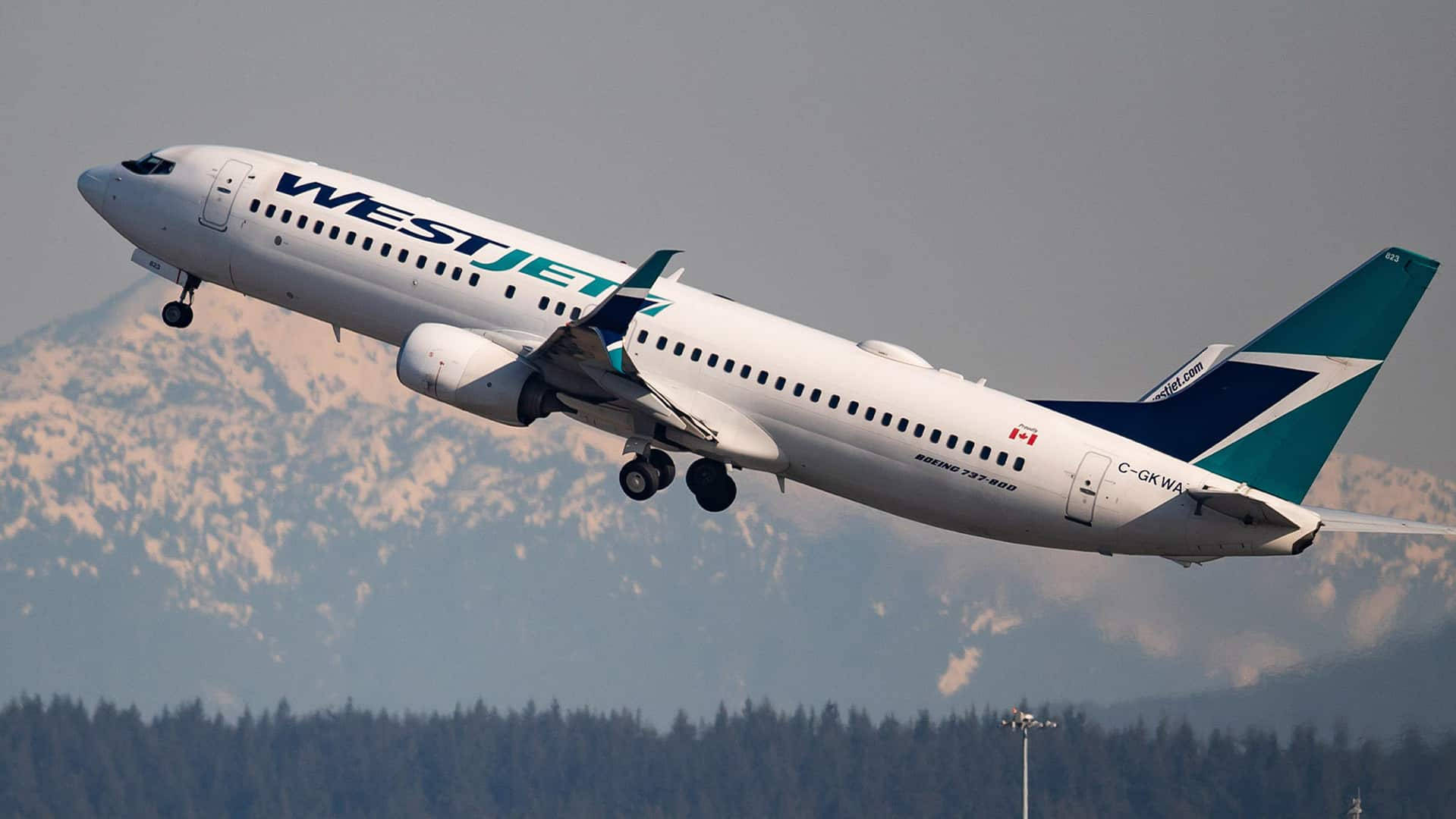 WestJet, airplane, snow-capped mountains, HD Desktop Wallpaper