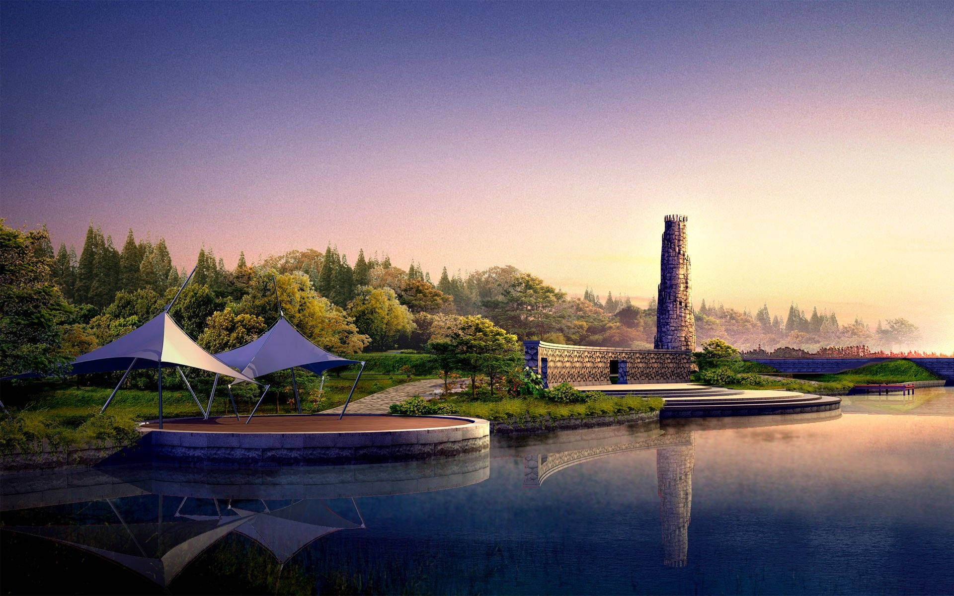 lakeside park, stone tower, modern canopy structures, Full HD Desktop Wallpaper