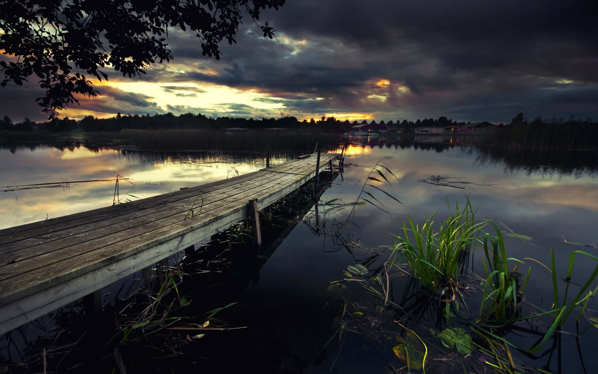 wooden dock, calm lake, twilight sky, Full HD Desktop Wallpaper