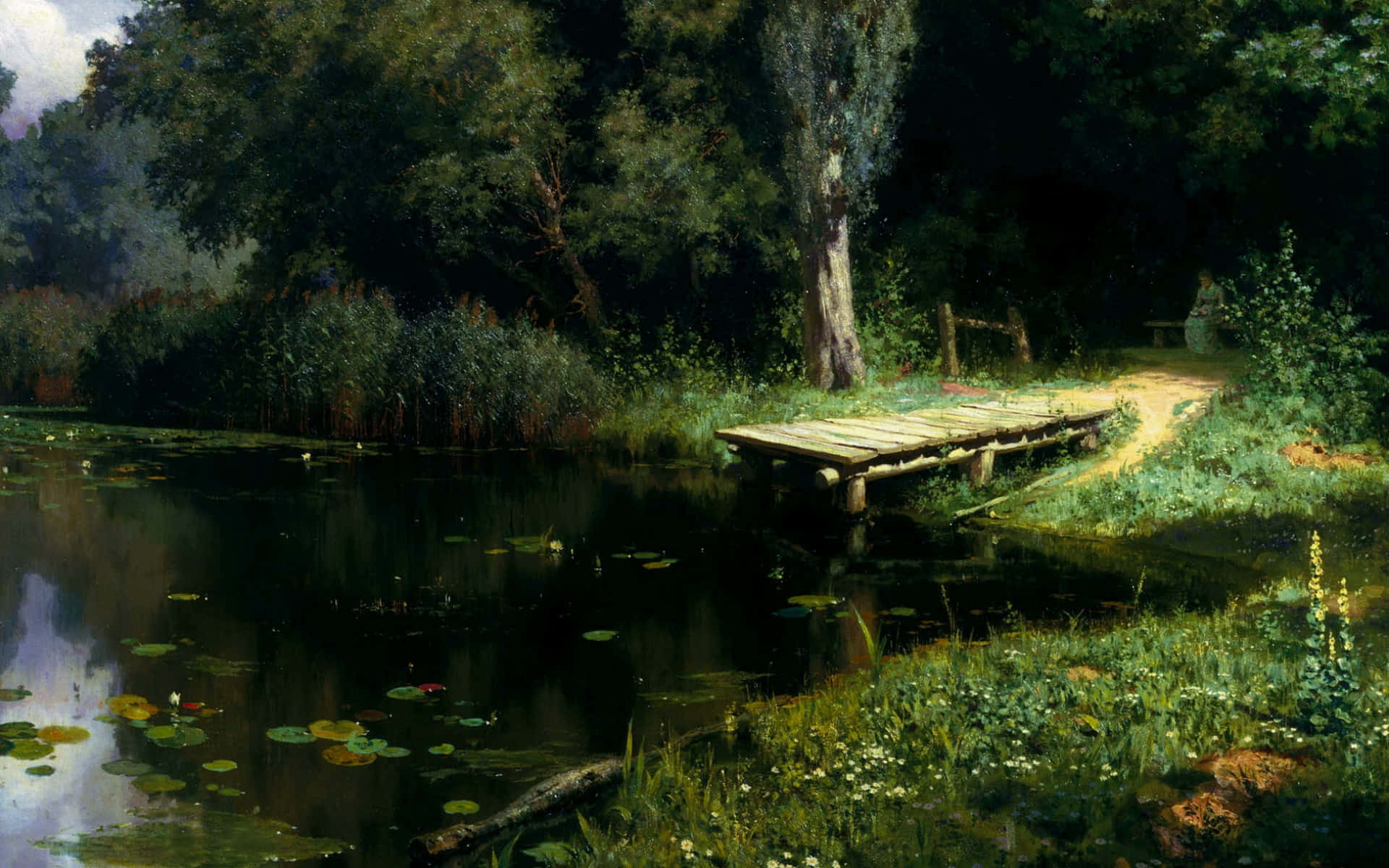 wooden dock, tranquil pond, lily pads, Full HD Desktop Wallpaper