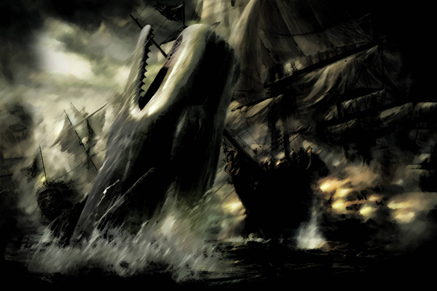 whale, pirate ships, stormy seas, HD Desktop Wallpaper