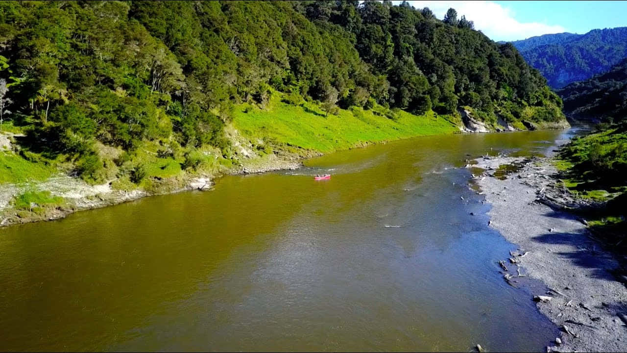 Whanganui River, red kayak, lush green forests, HD Desktop Wallpaper