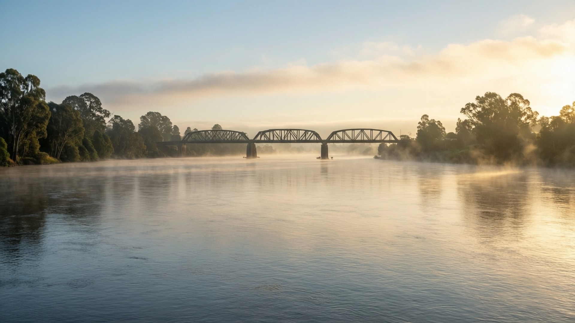 Whanganui River, bridge silhouette, Calm morning, Full HD Desktop Wallpaper