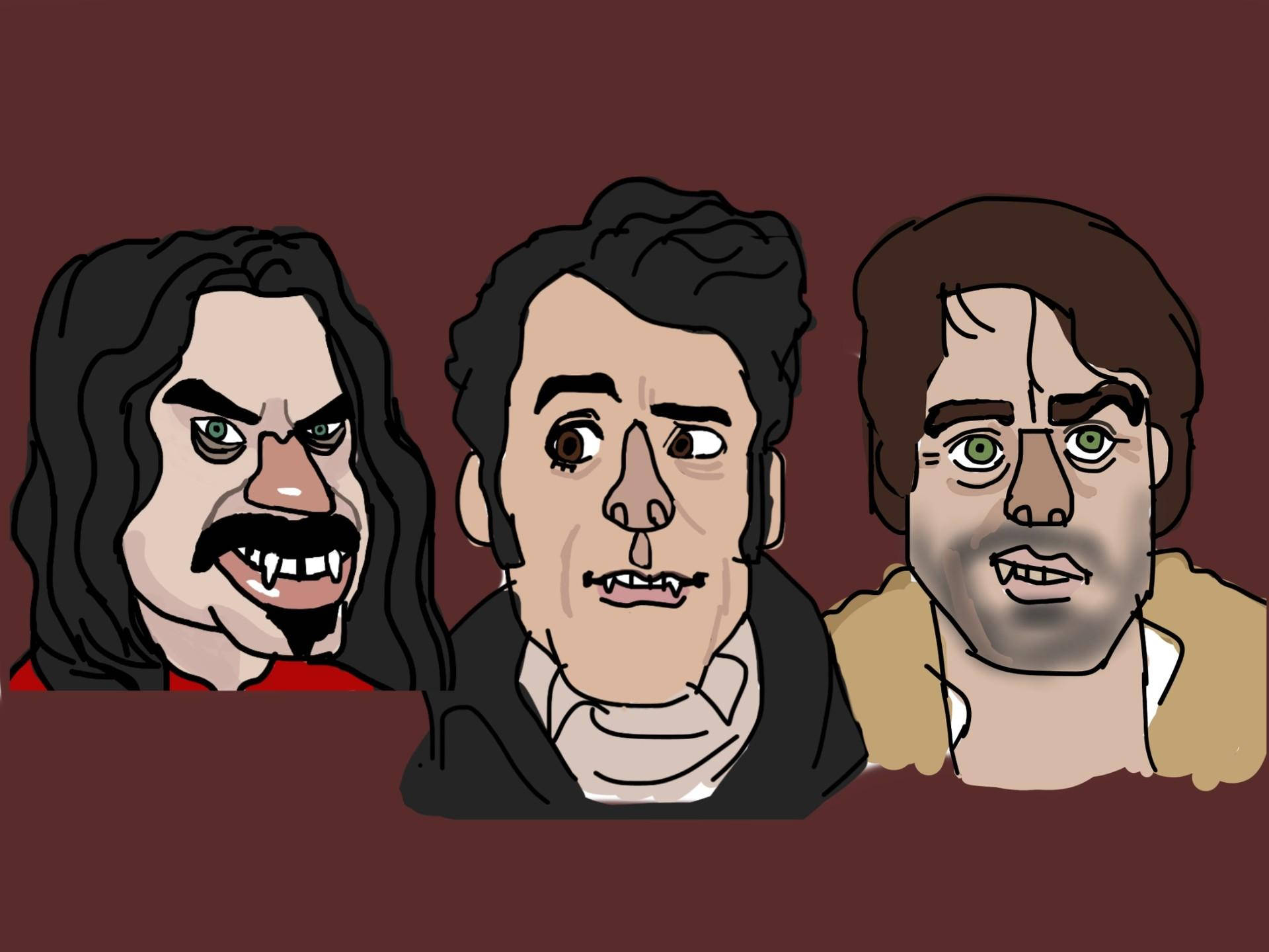 What We Do In The Shadows, maroon background, cartoonish vampire portraits, Full HD Desktop Wallpaper