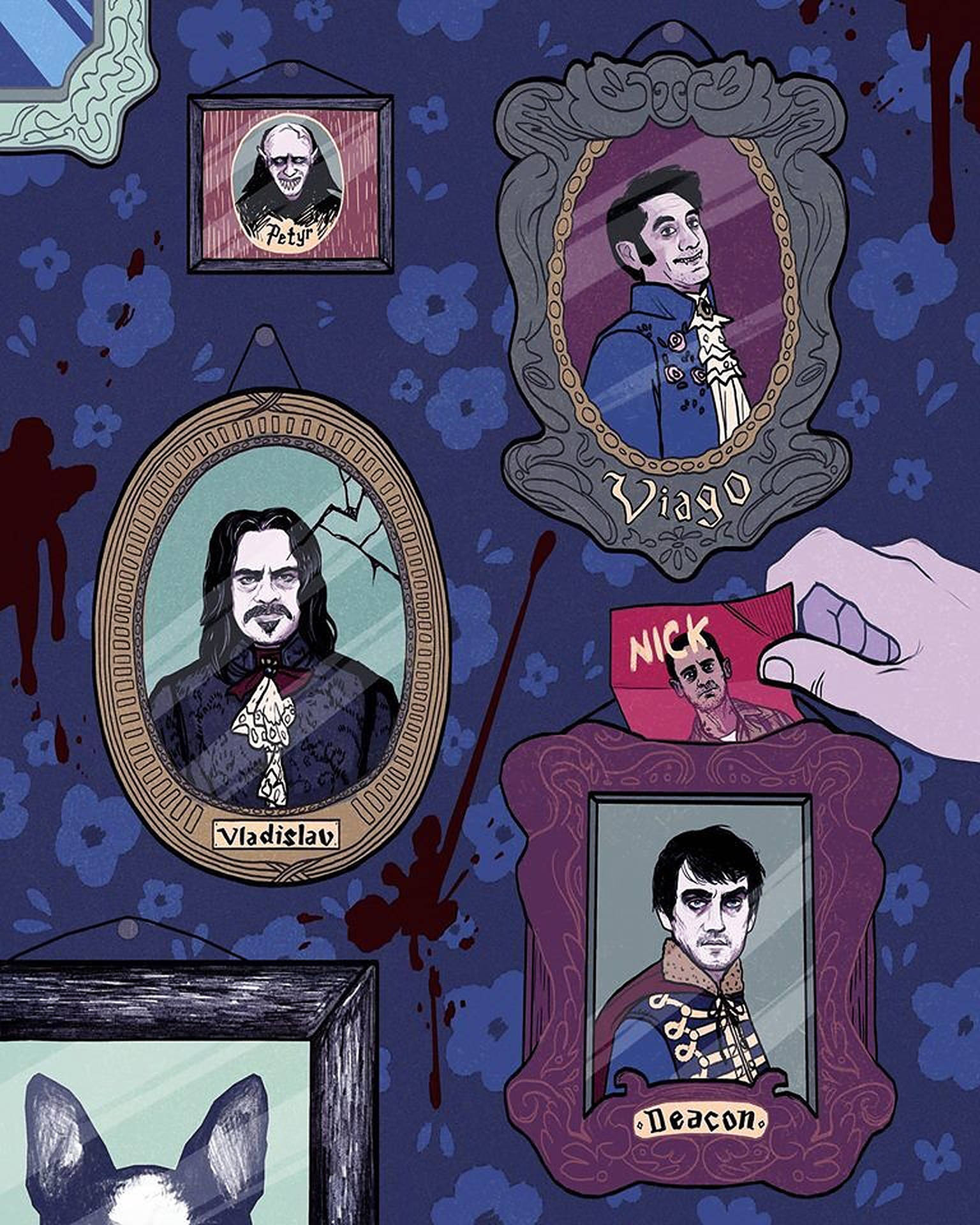 What We Do In The Shadows, blood-splattered blue floral wall, ornate frames, Full HD Phone Wallpaper