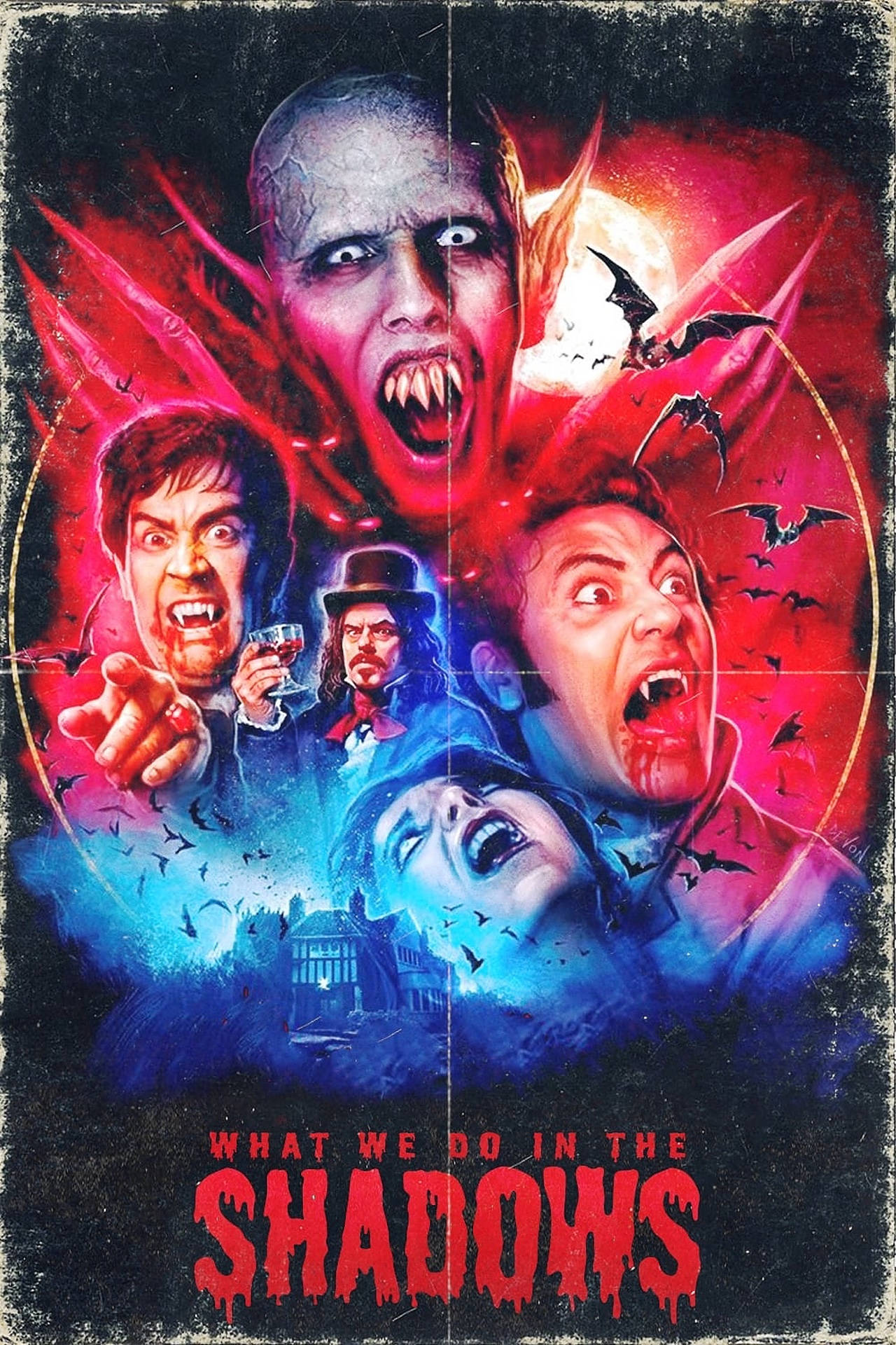 What We Do In The Shadows, vampire faces, red and blue moonlit backdrop, Full HD Phone Wallpaper