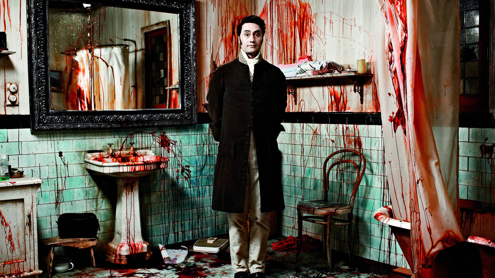 What We Do In The Shadows, bloody bathroom, green tiles, Full HD Desktop Wallpaper