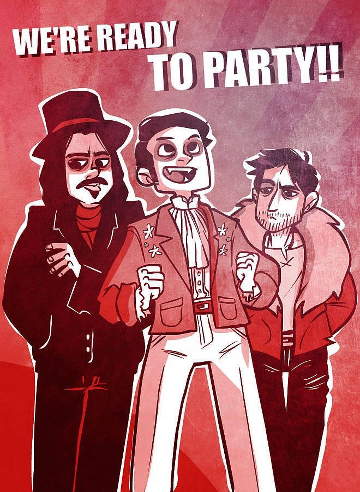 What We Do In The Shadows, red and black outfits, textured red background, Full HD Phone Wallpaper