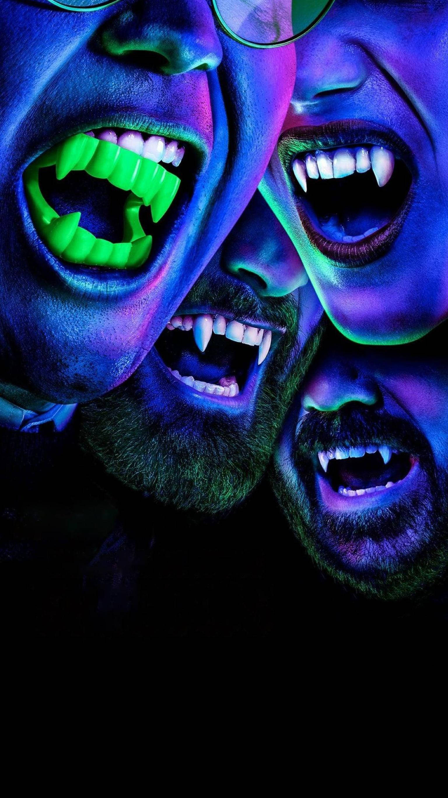 What We Do In The Shadows, glowing green fangs, purple-blue skin, 2K Phone Wallpaper