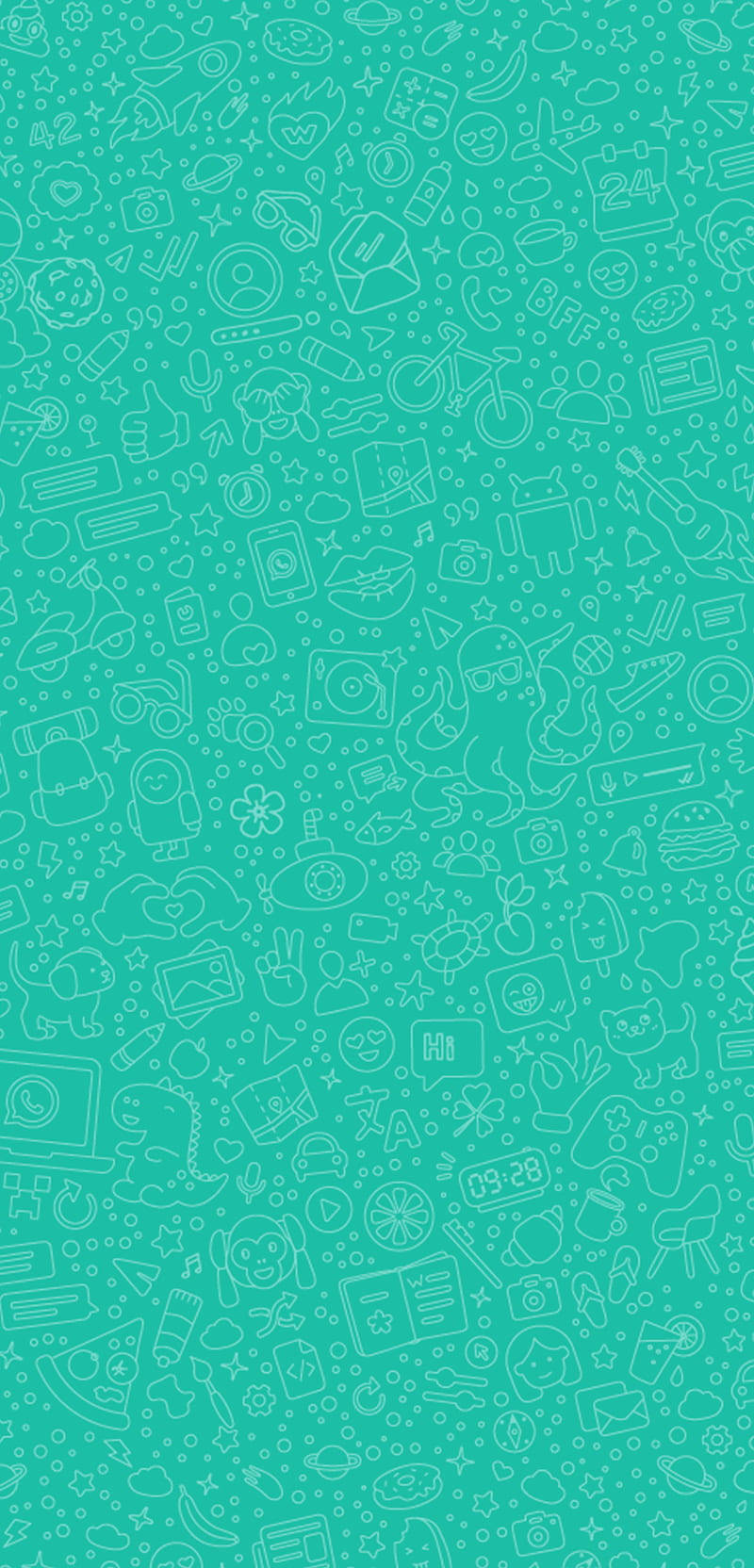 teal background, white line-drawn icons, everyday objects, HD Phone Wallpaper
