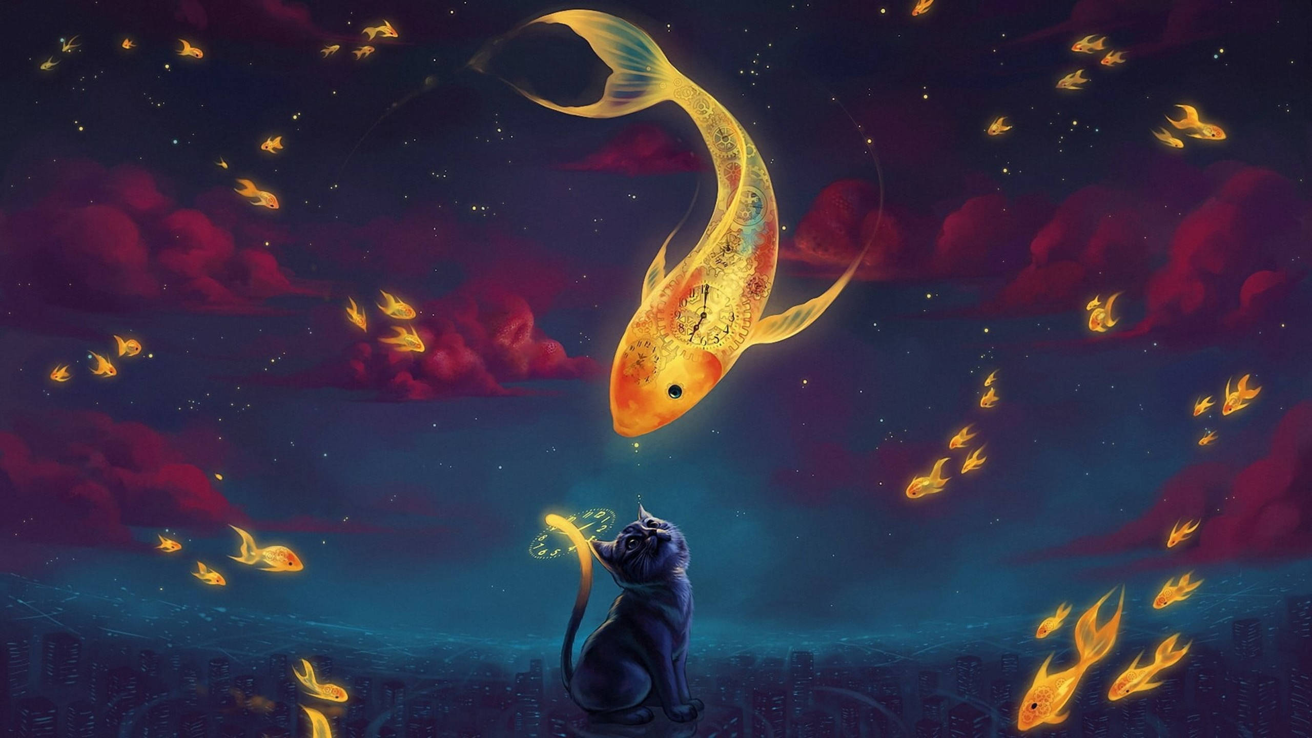 whatsapp cat and fish, black cat, glowing golden fish, 2K Desktop Wallpaper