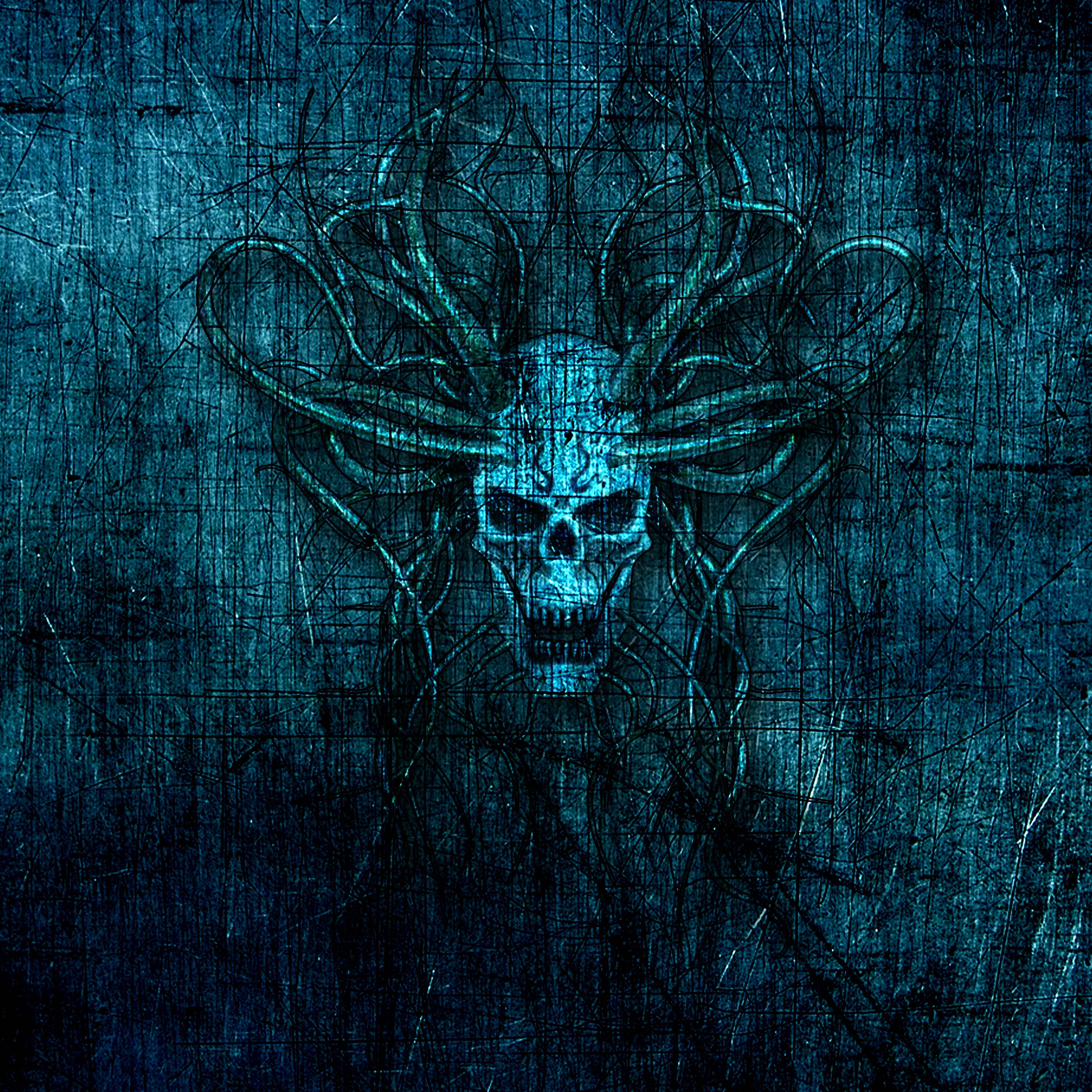glowing blue skull, antler-like tendrils, scratched dark teal surface, 2K Desktop Wallpaper