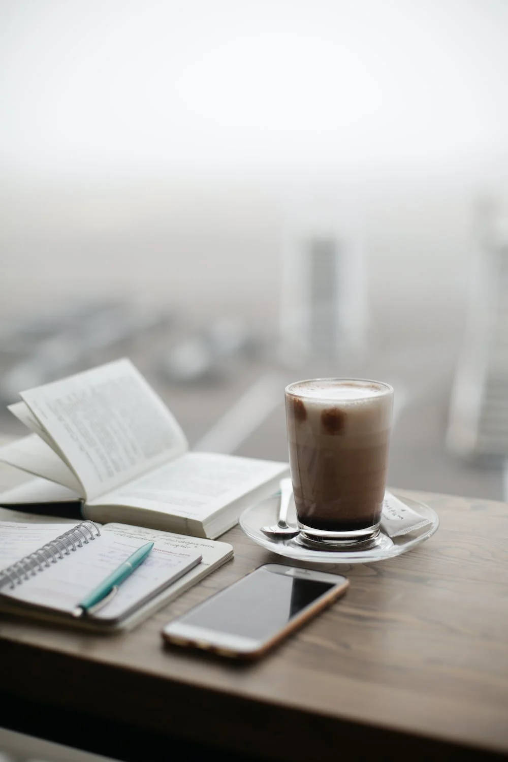 Iphone, iced coffee, open book notebook, HD Phone Wallpaper