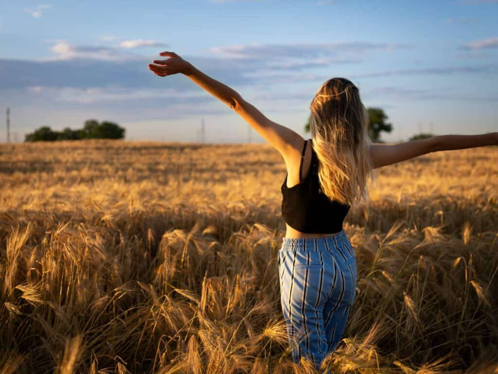 woman, golden wheat field, sunset, SD Desktop Wallpaper