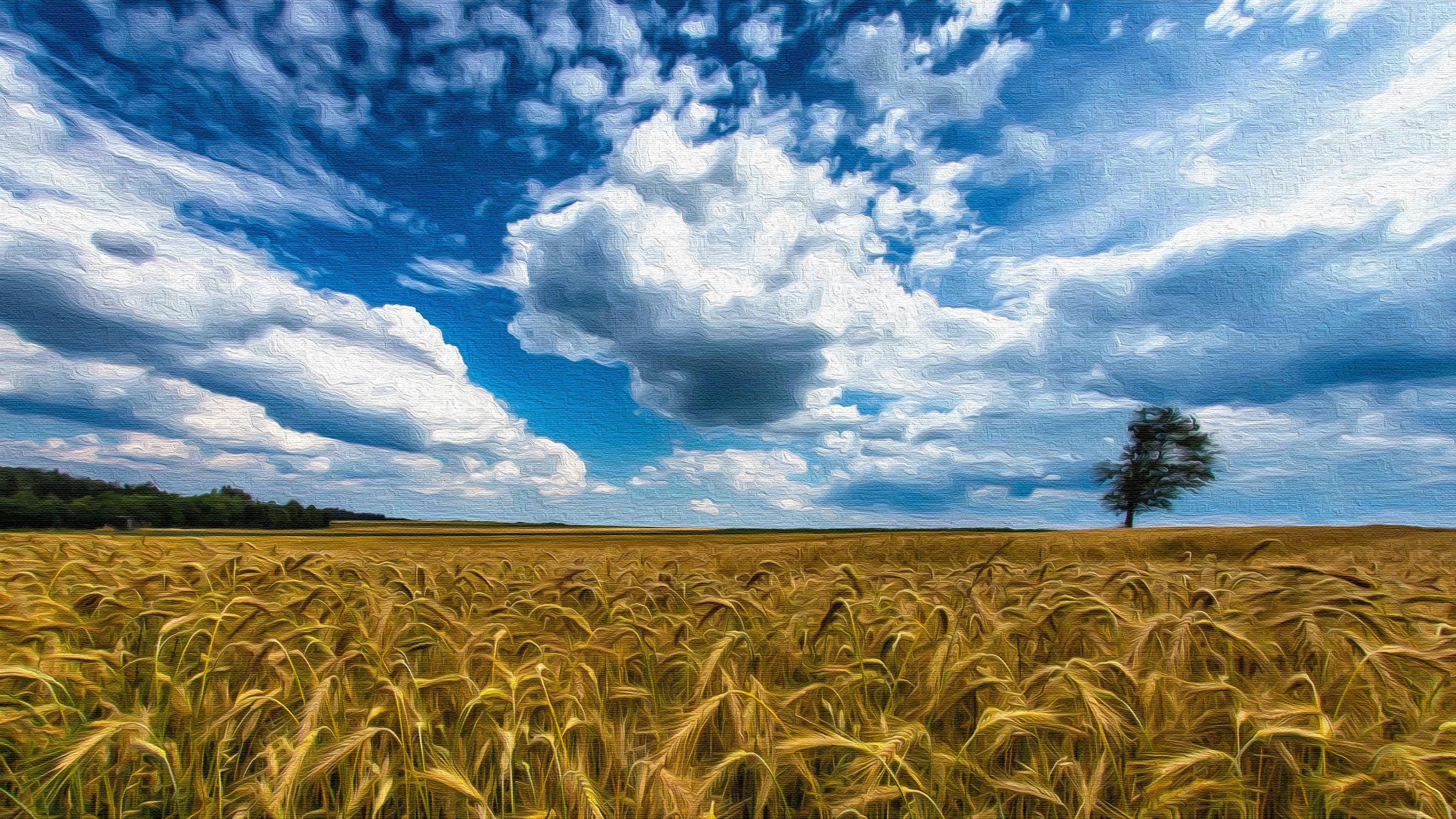 wheat field, oil on canvas painting, lone tree, 4K Desktop Wallpaper