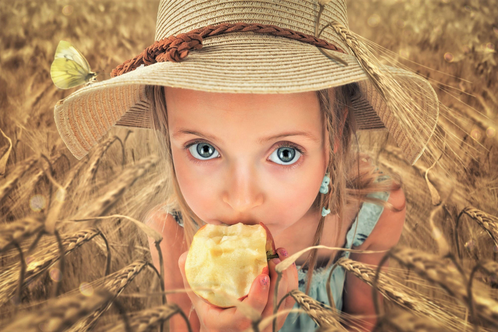 girl, apple, wheat field, Full HD Desktop Wallpaper