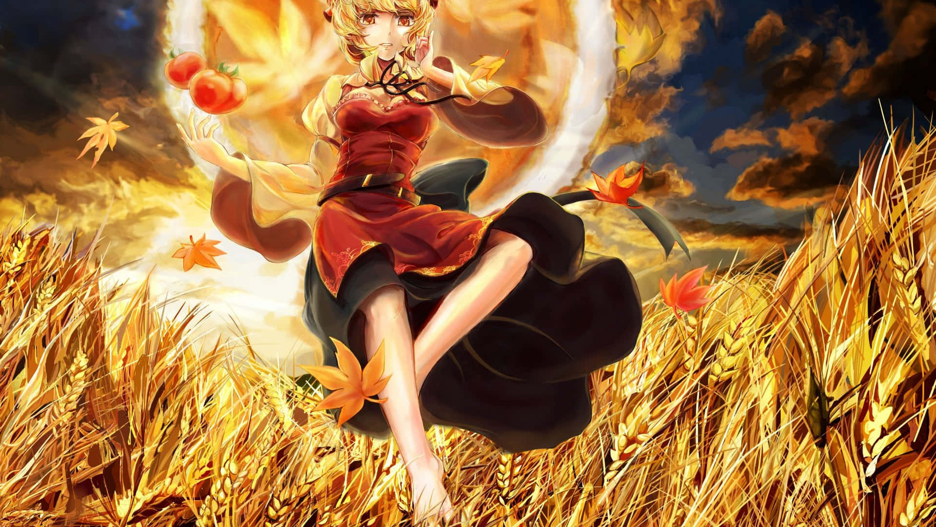wheat harvest, golden wheat field, red dress, Full HD Desktop Wallpaper