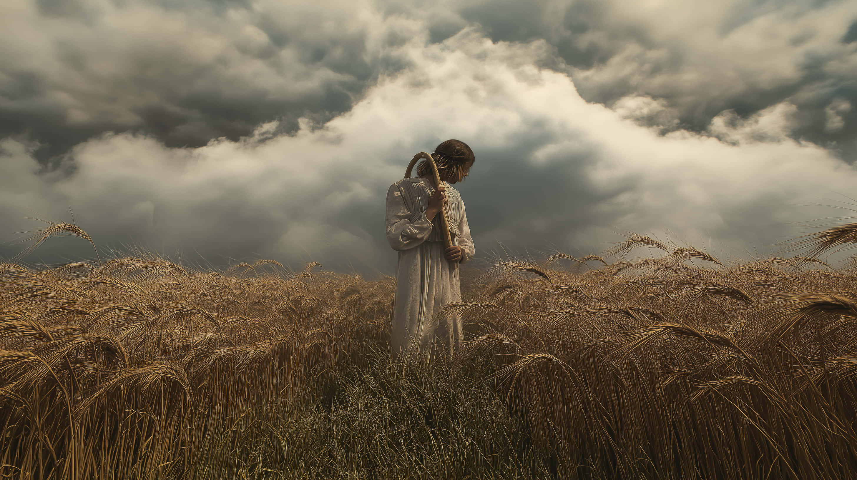 solitary figure, white robe, golden wheat field, 2K Desktop Wallpaper