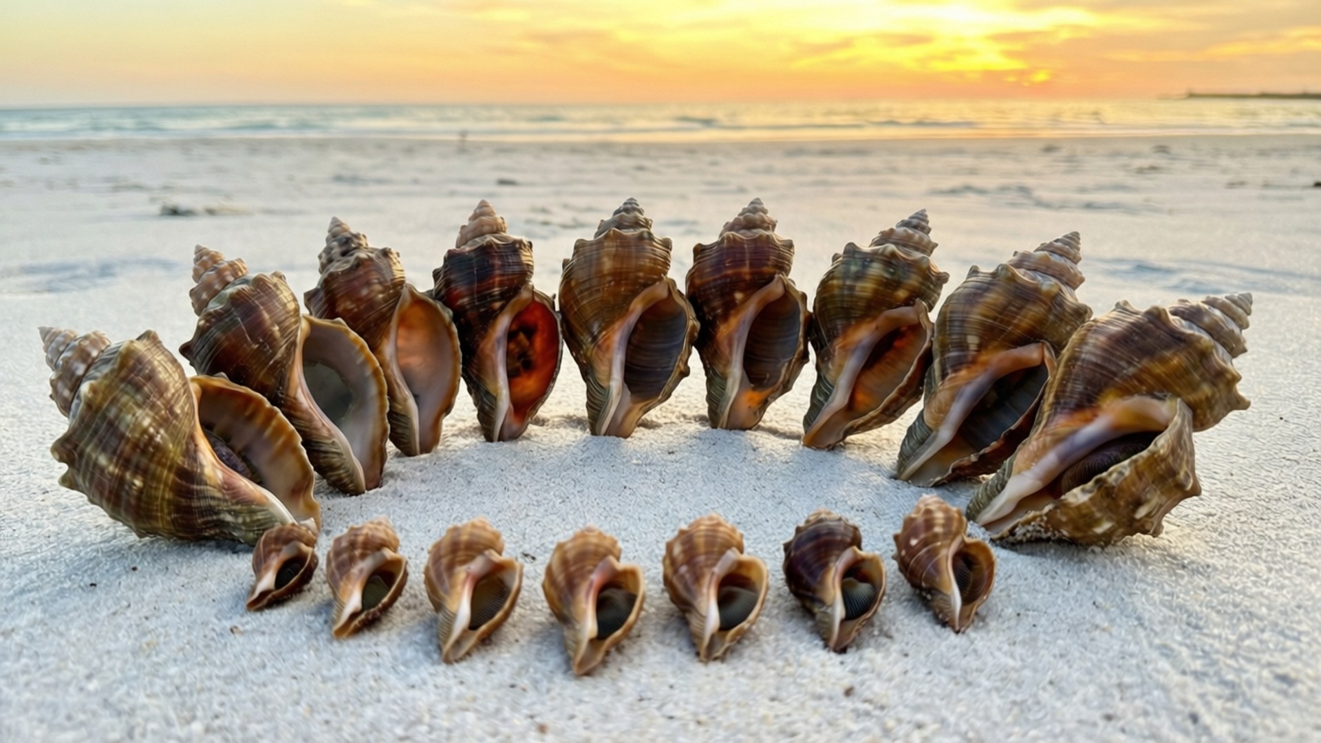 Whelk, sand, sunset, Full HD Desktop Wallpaper