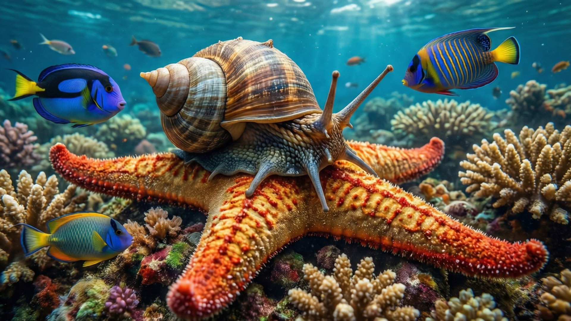 Whelk, coral reef, starfish, Full HD Desktop Wallpaper