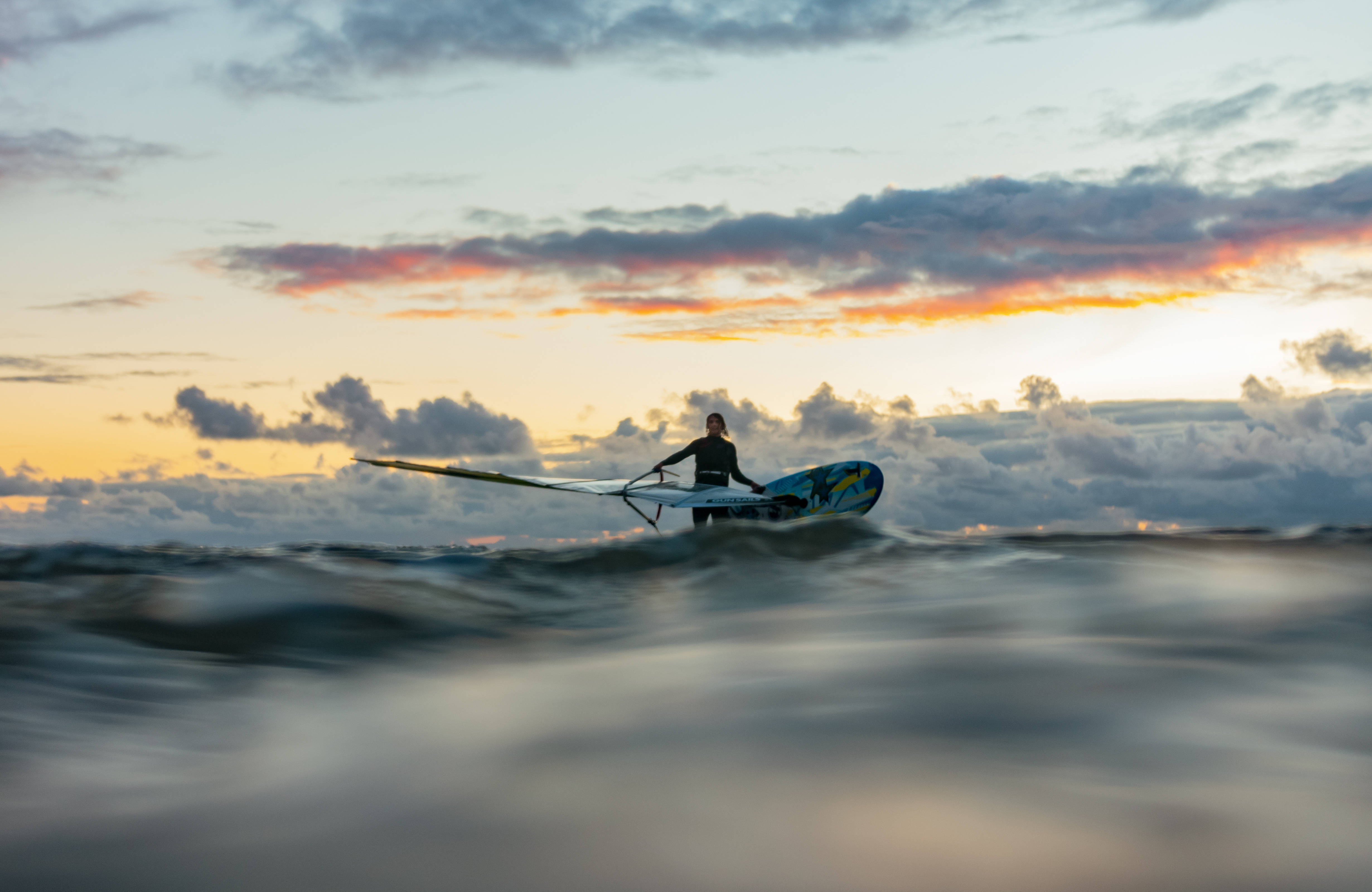 windsurfer, choppy waters, sunset, 4K Desktop Wallpaper