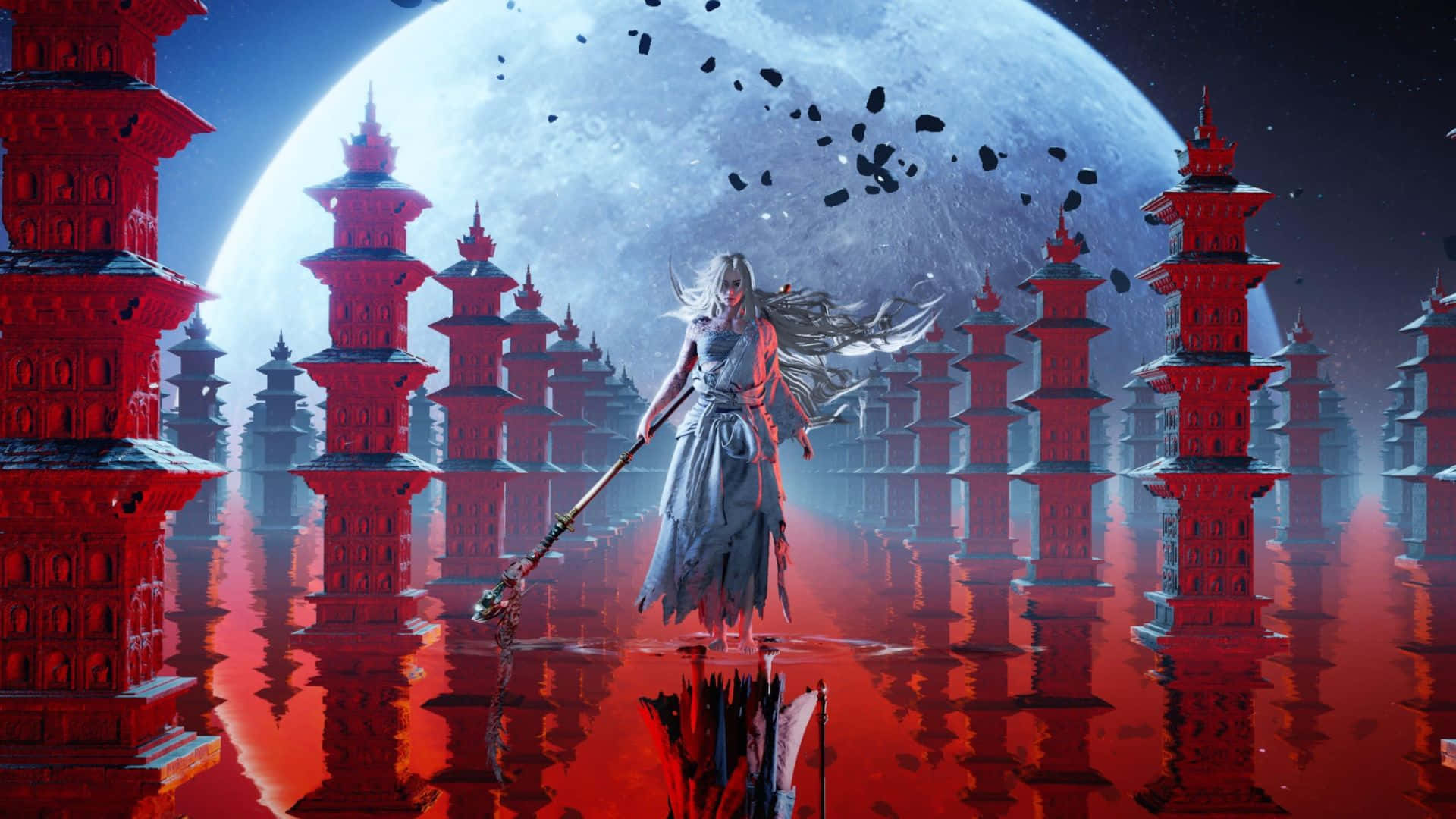 silver-haired warrior, flowing grey robes, crimson water, Full HD Desktop Wallpaper
