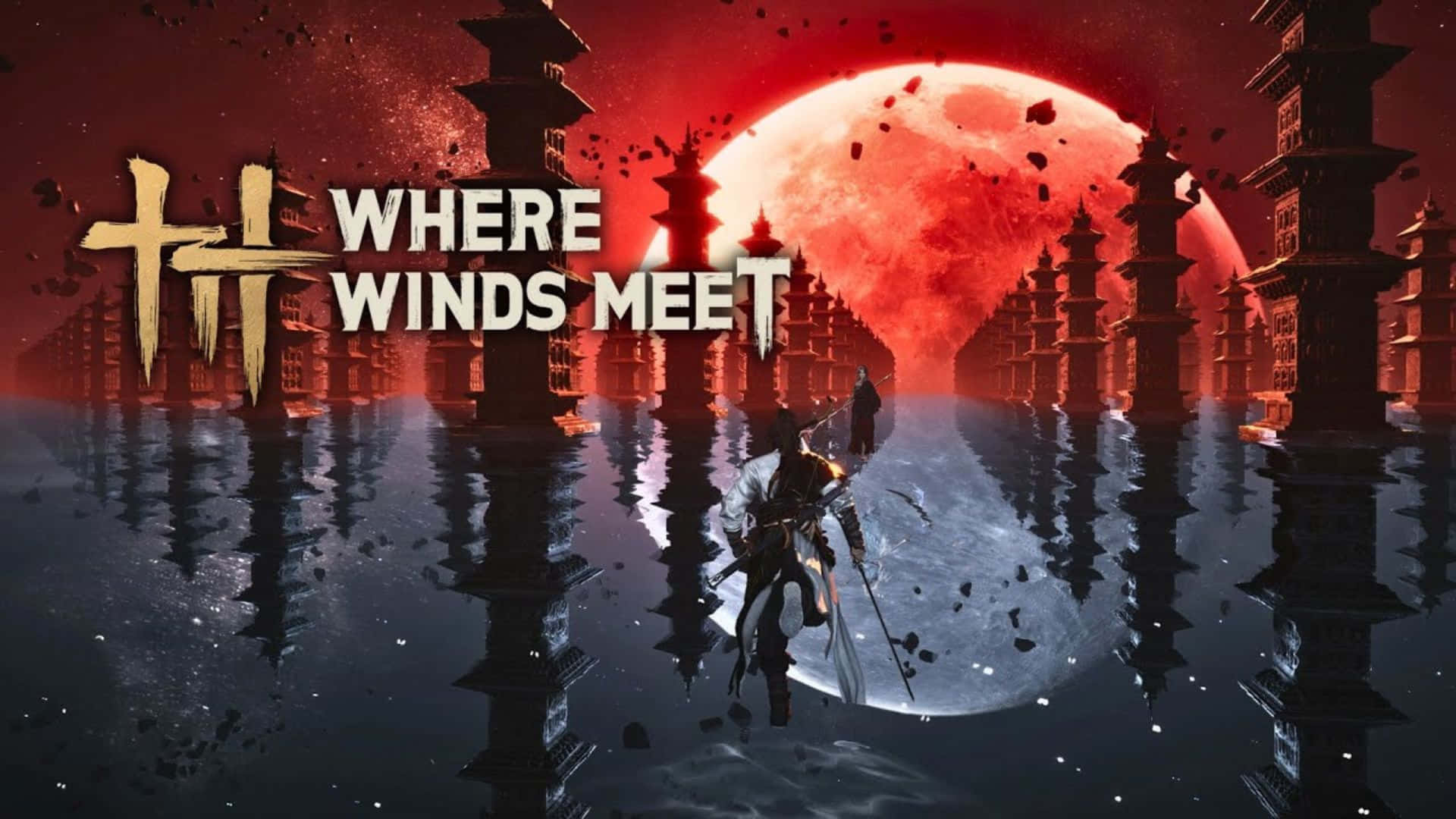 Where Winds Meet, blood red moon, flooded ruins, Full HD Desktop Wallpaper