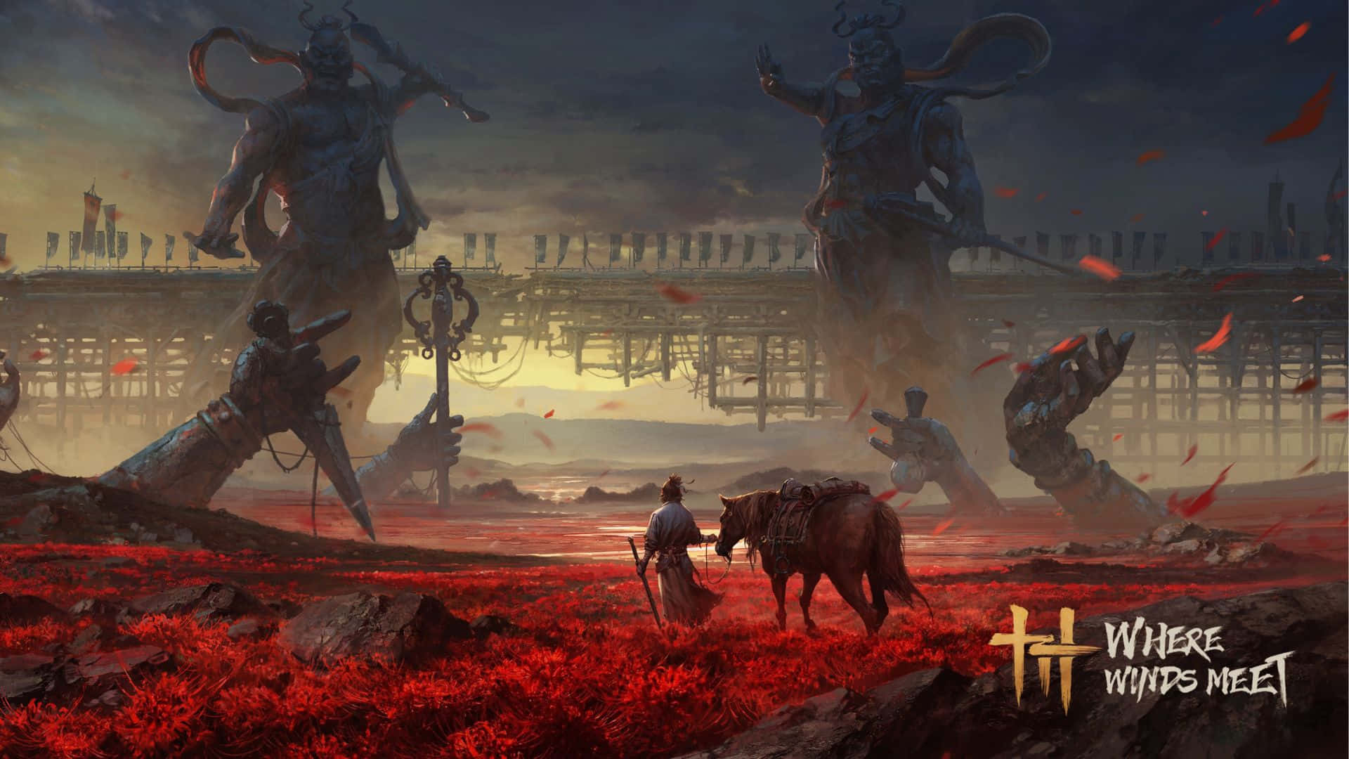 Where Winds Meet, epic battle scene, red flowers, Full HD Desktop Wallpaper