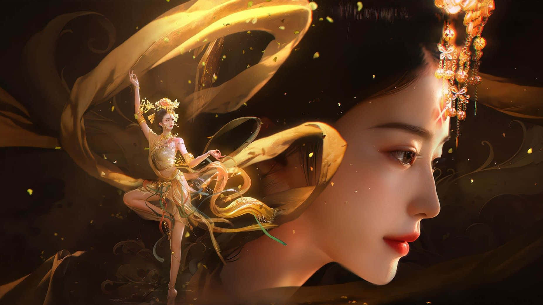Where Winds Meet, golden ribbons, serene woman in profile, HD Desktop Wallpaper