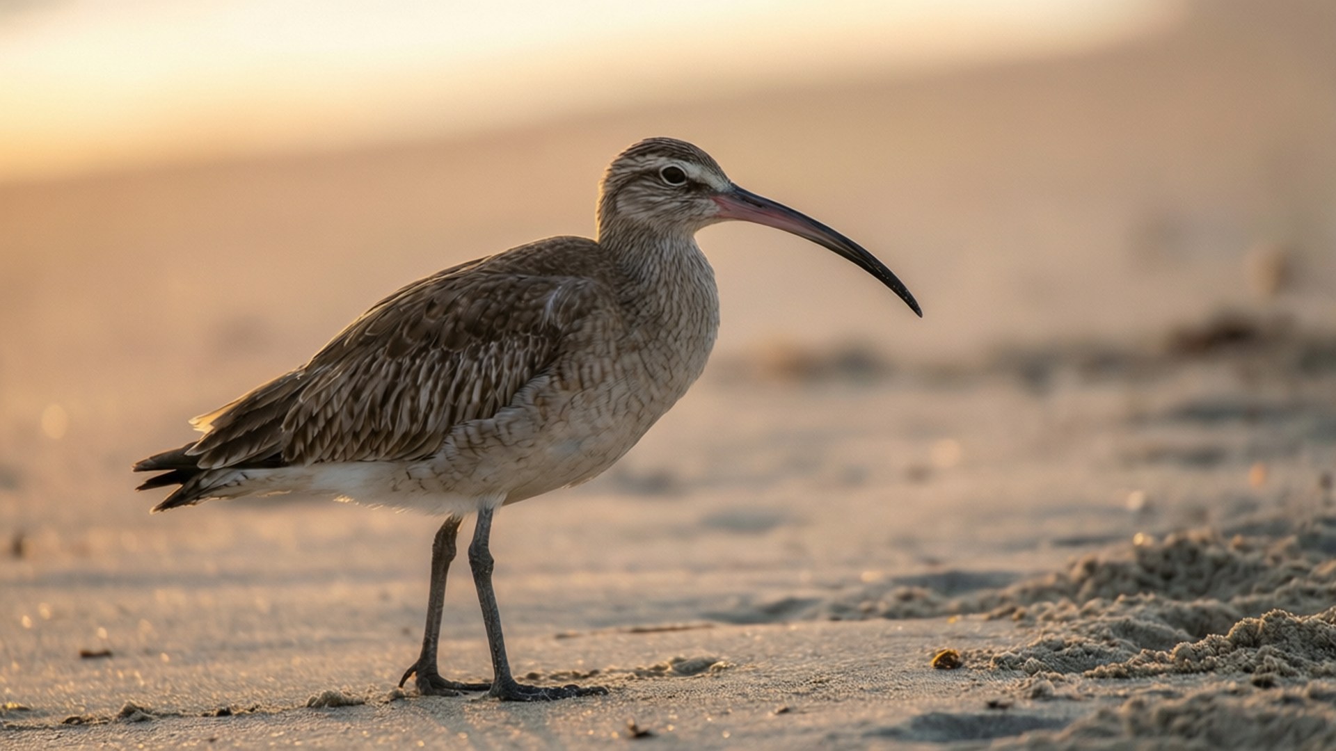 Whimbrel, sunrise, beach, Full HD Desktop Wallpaper