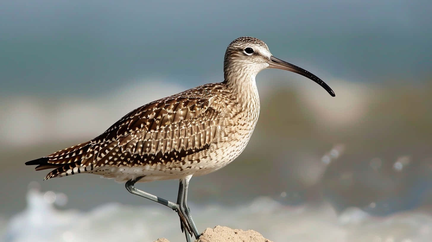 Whimbrel, coastal rocks, sandy beach, HD Desktop Wallpaper