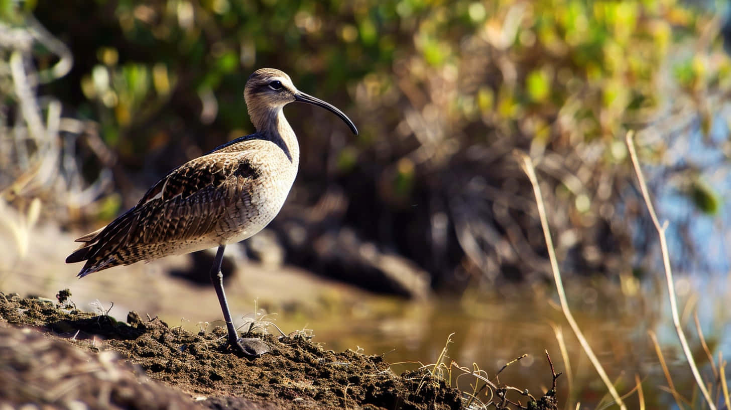 Whimbrel, muddy bank, water, HD Desktop Wallpaper