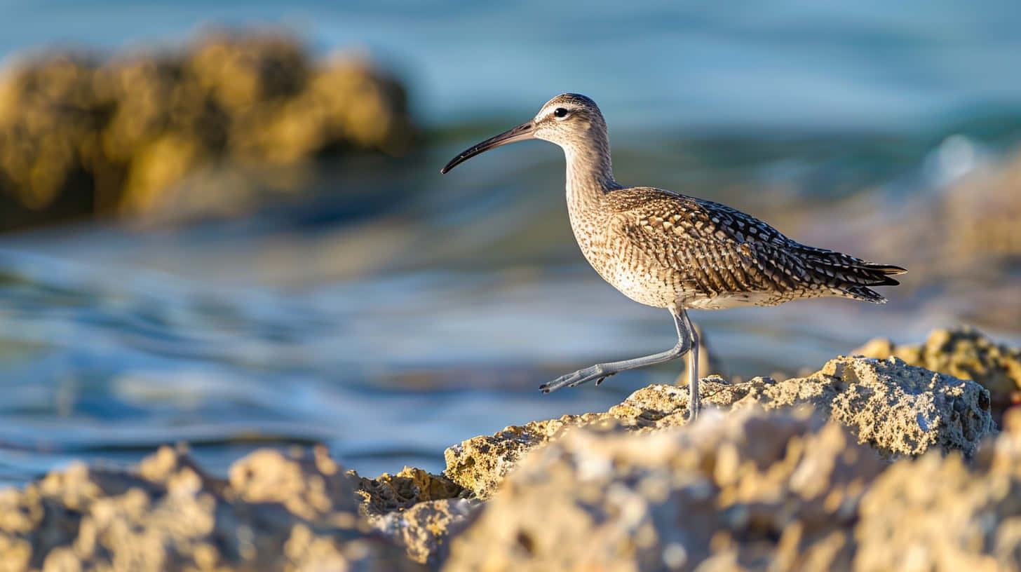 Whimbrel, coastal rocks, sunlit rocks, HD Desktop Wallpaper