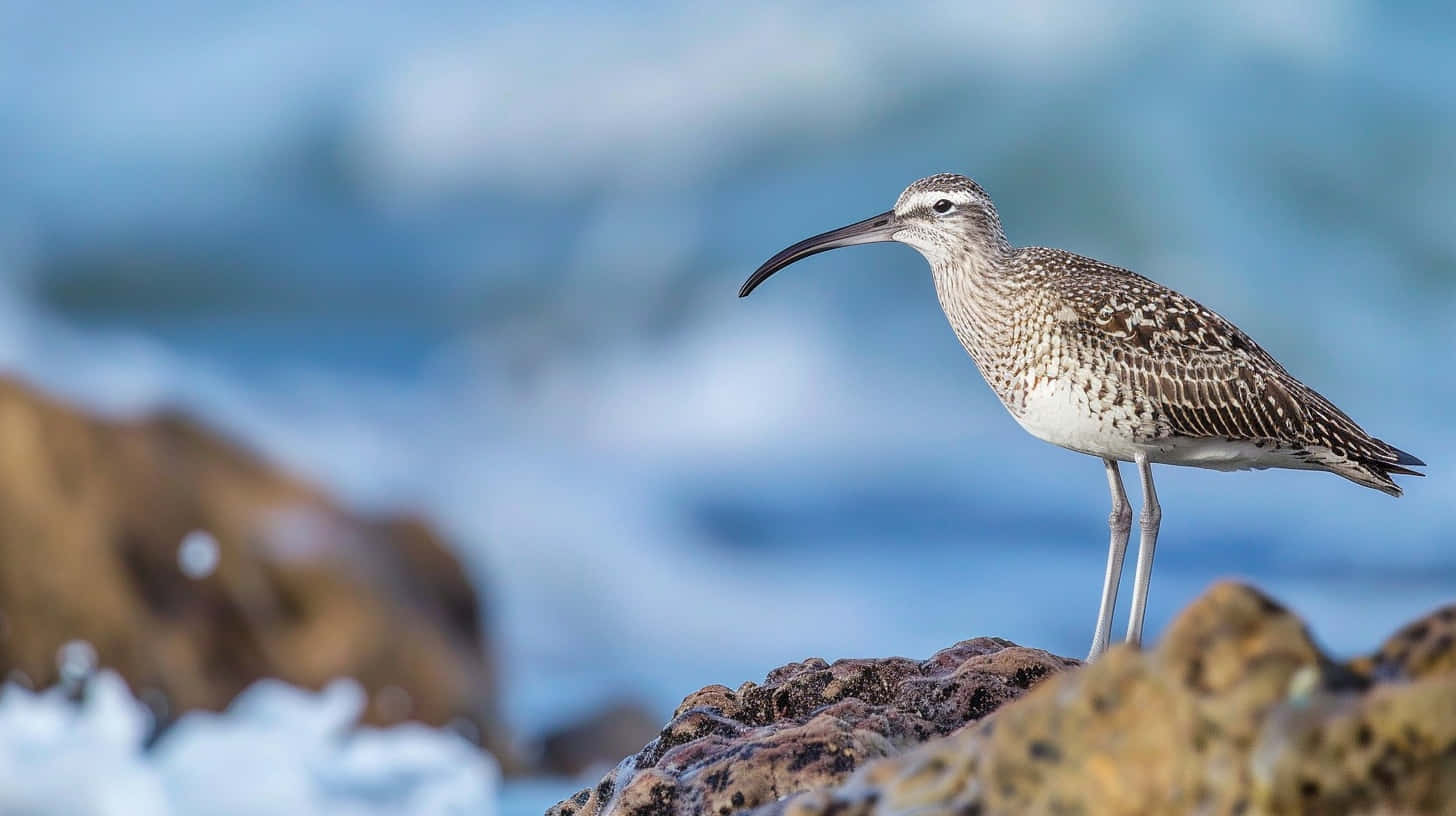 Whimbrel, coastal rocks, waves, HD Desktop Wallpaper