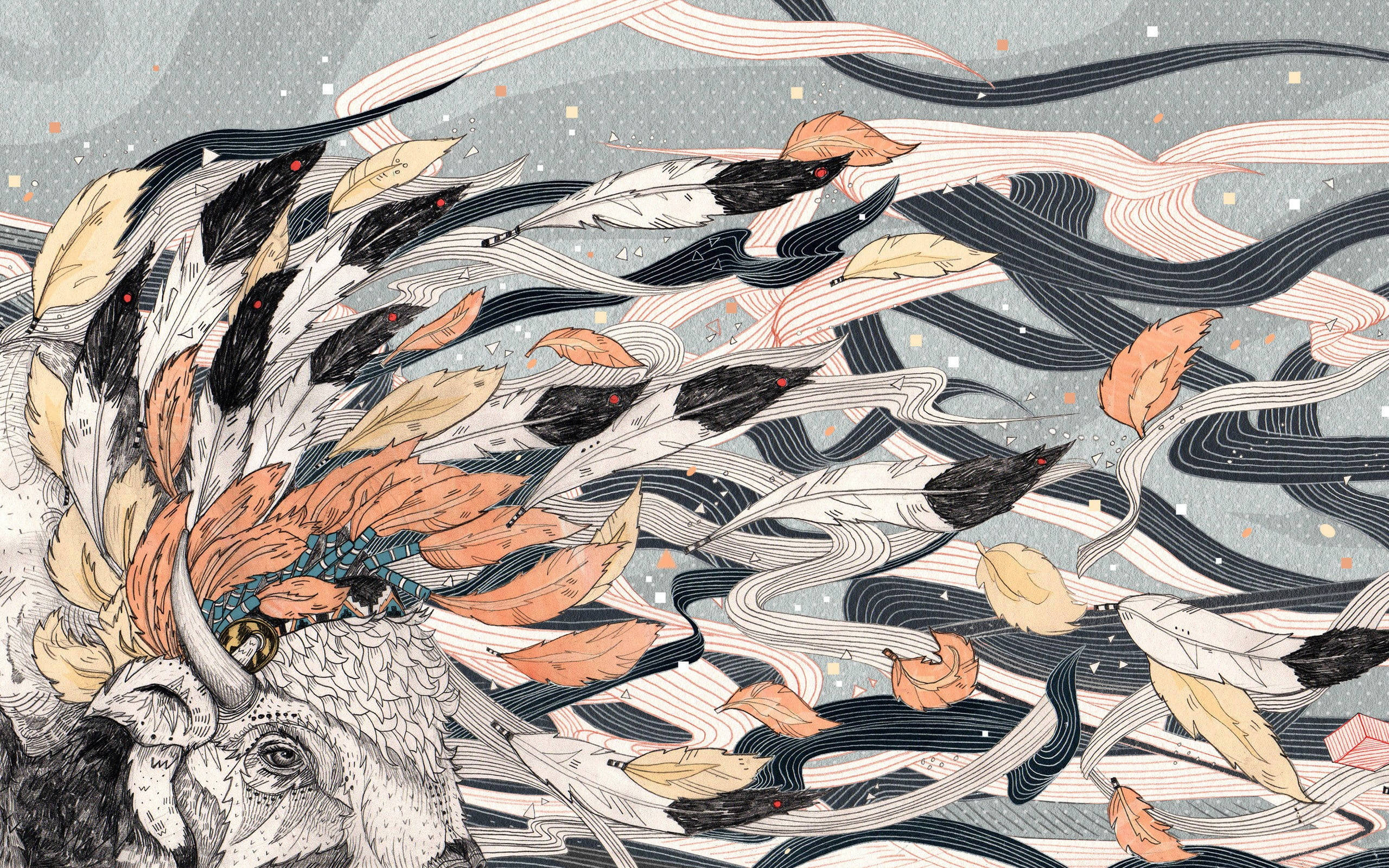 whimsical bull with feathers, cosmic swirl, autumn leaves, 2K Desktop Wallpaper