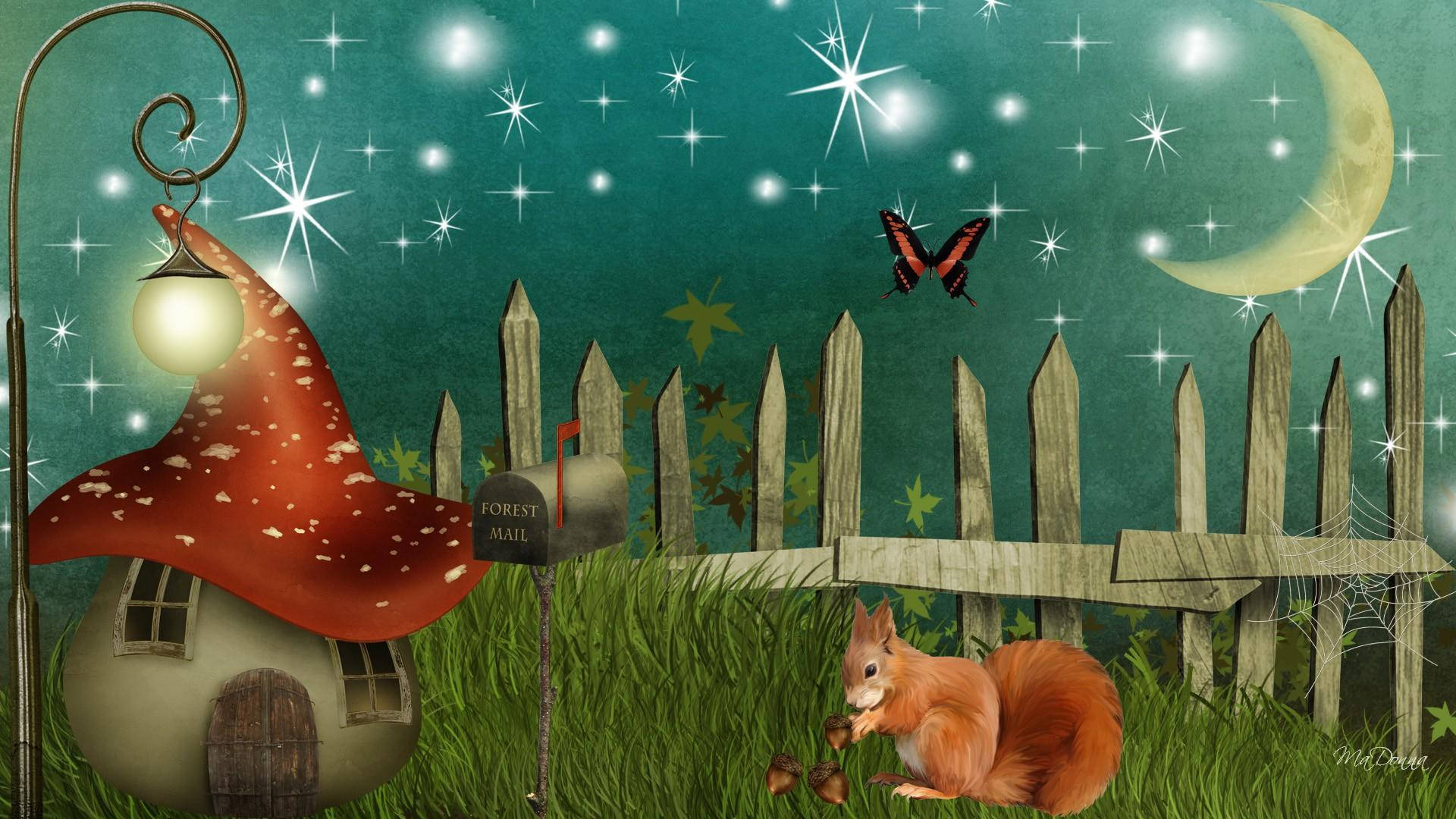 whimsical mushroom house, glowing lantern, wooden fence, Full HD Desktop Wallpaper
