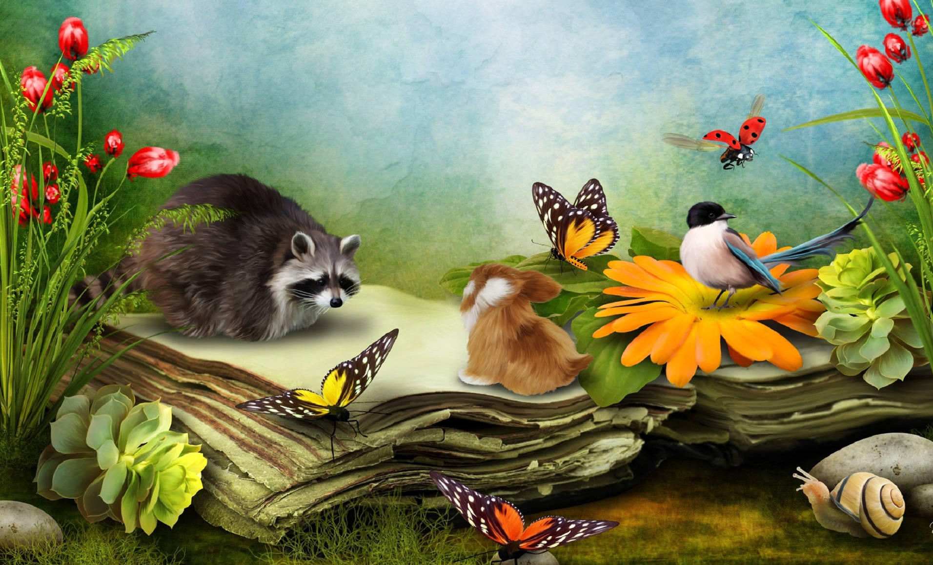 raccoon, bunny, open book, HD Desktop Wallpaper
