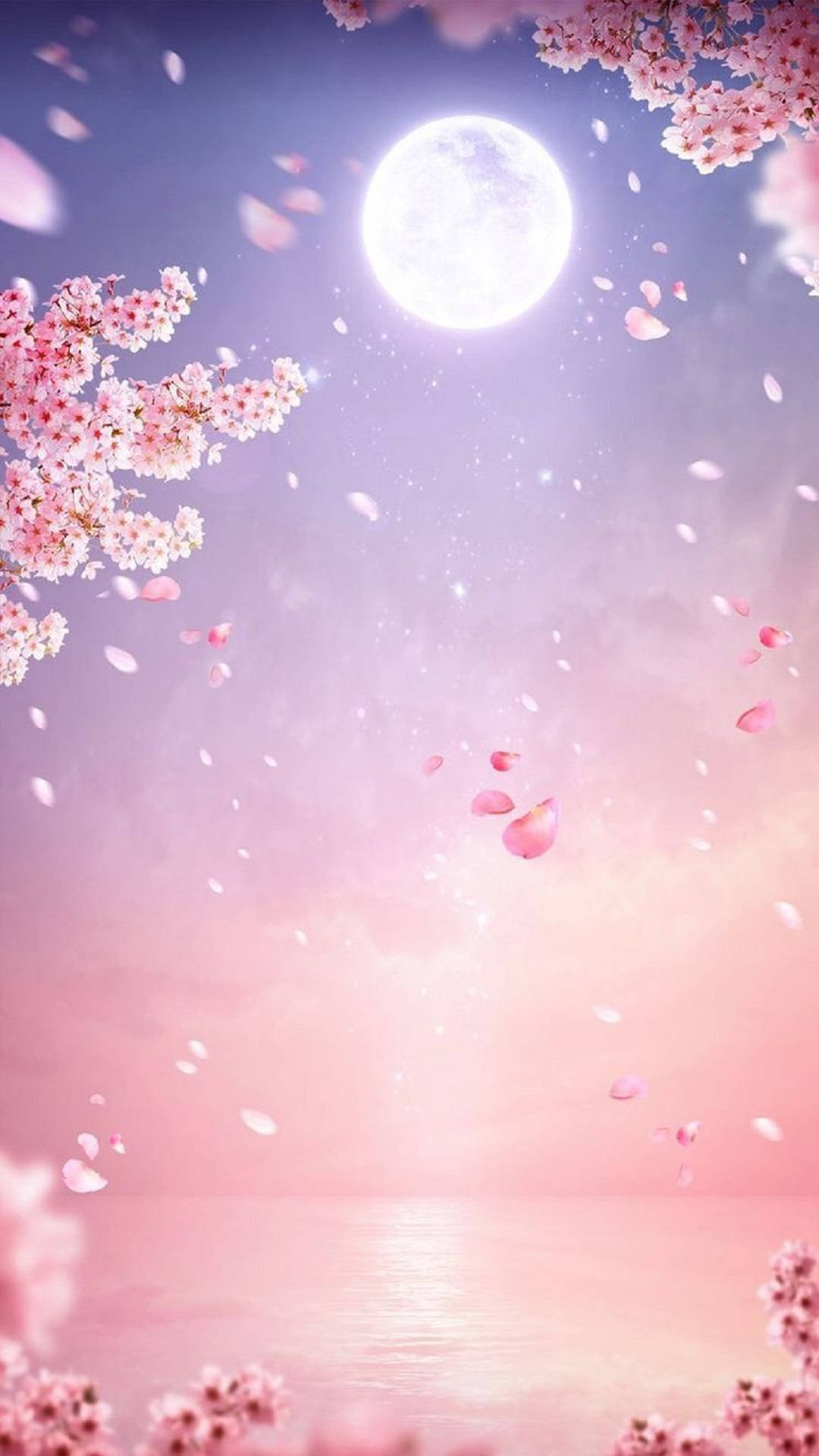pink cherry blossoms, soft purple sky, glowing full moon, Full HD Phone Wallpaper